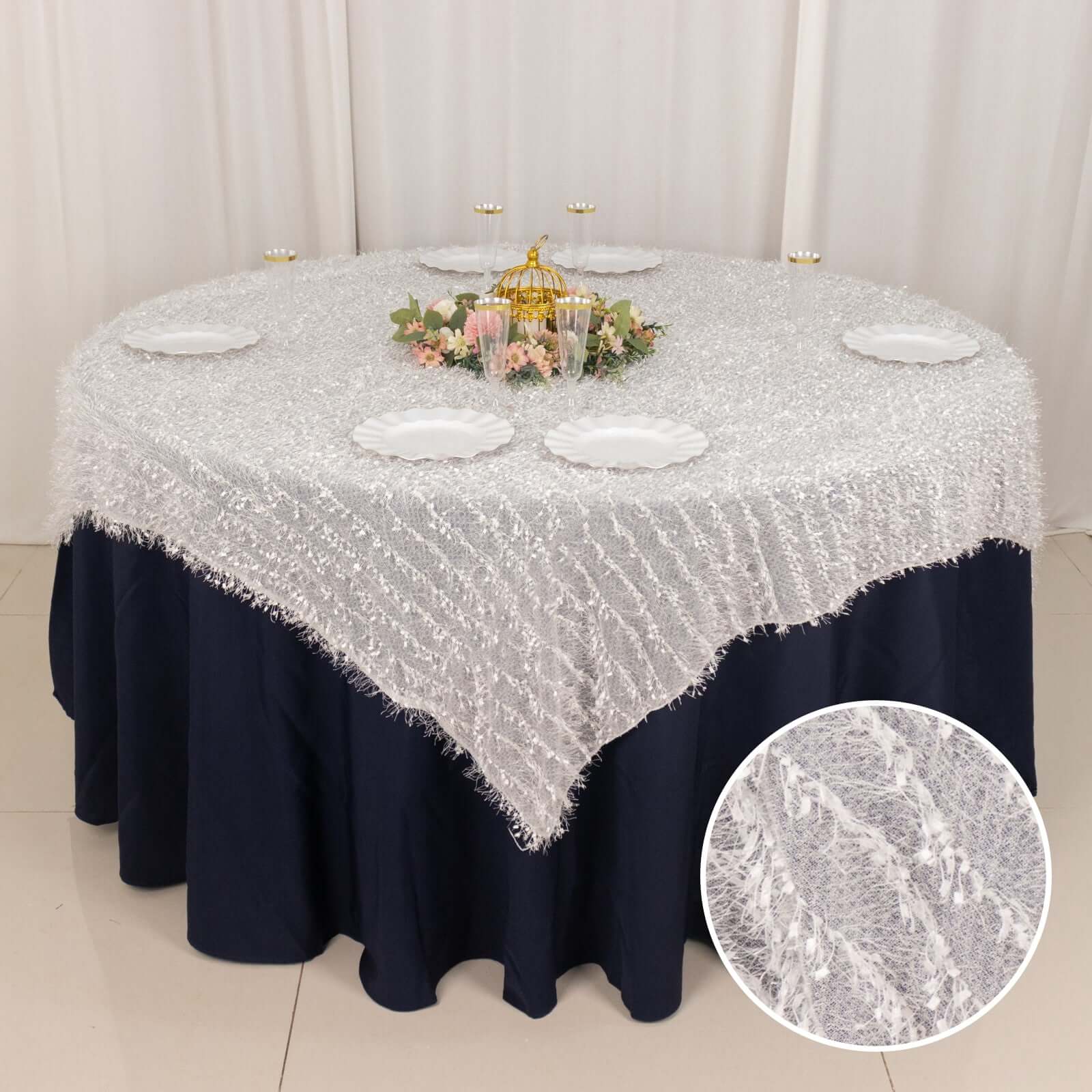 Polyester Table Overlay 72"x72" White - Fringe Shag Design, Unique Decor for Modern Events