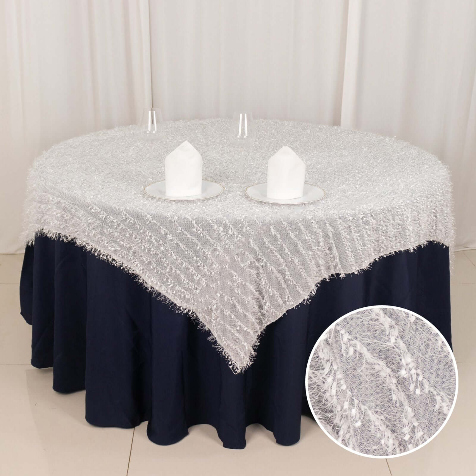 Polyester Table Overlay 72"x72" White - Fringe Shag Design, Unique Decor for Modern Events - Image 4