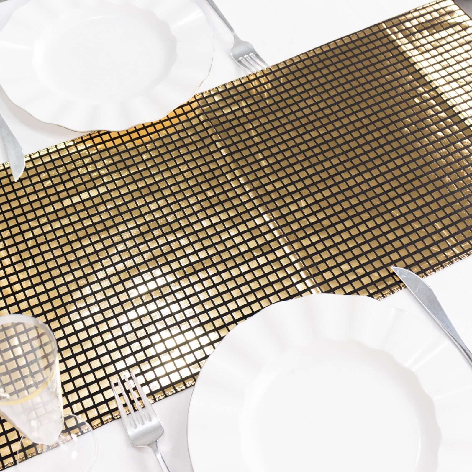 Polyester Table Runner 12"x108" Black with Square Metallic Gold Foil - Shiny Disco Theme Party Table Decor - Image 2