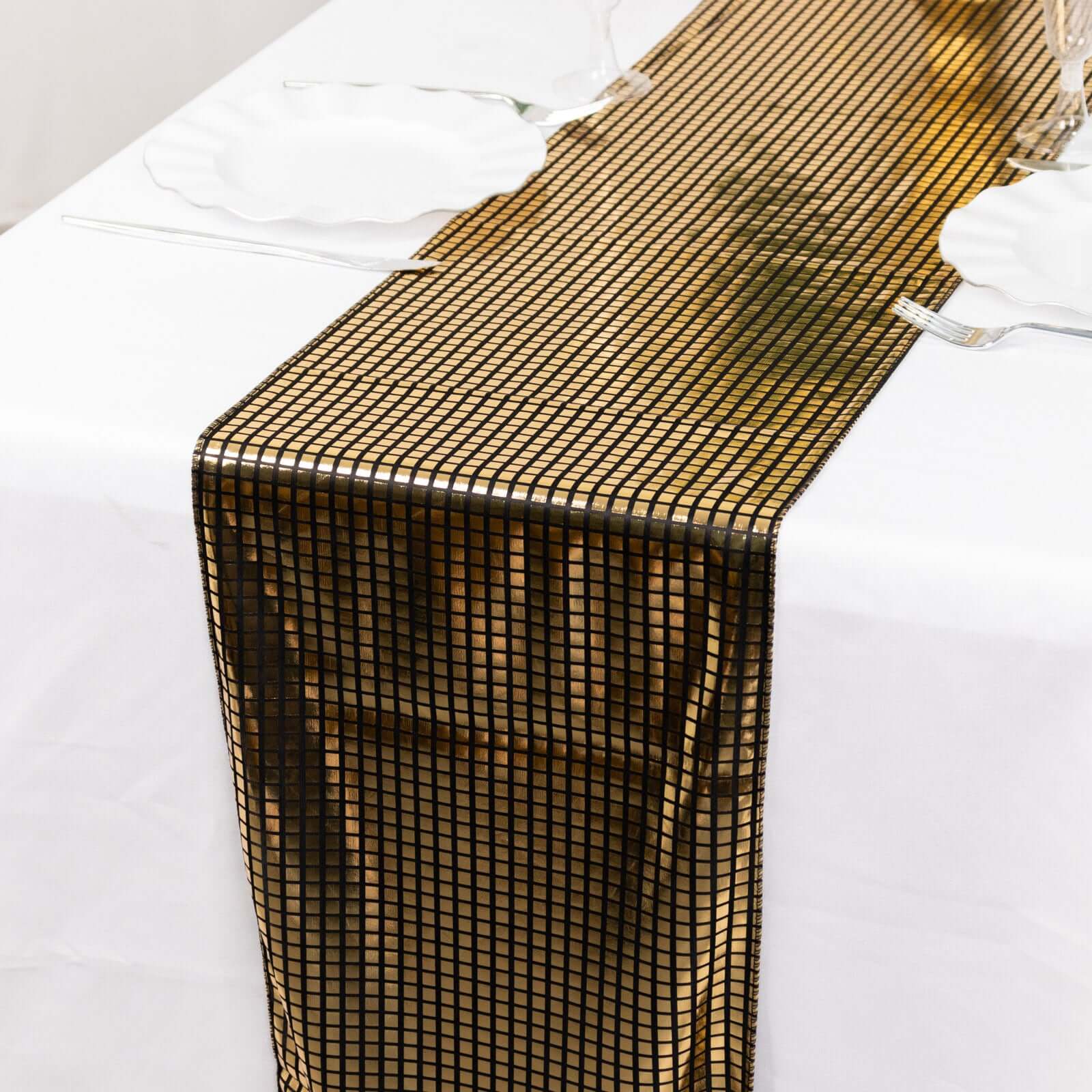 Polyester Table Runner 12"x108" Black with Square Metallic Gold Foil - Shiny Disco Theme Party Table Decor - Image 3