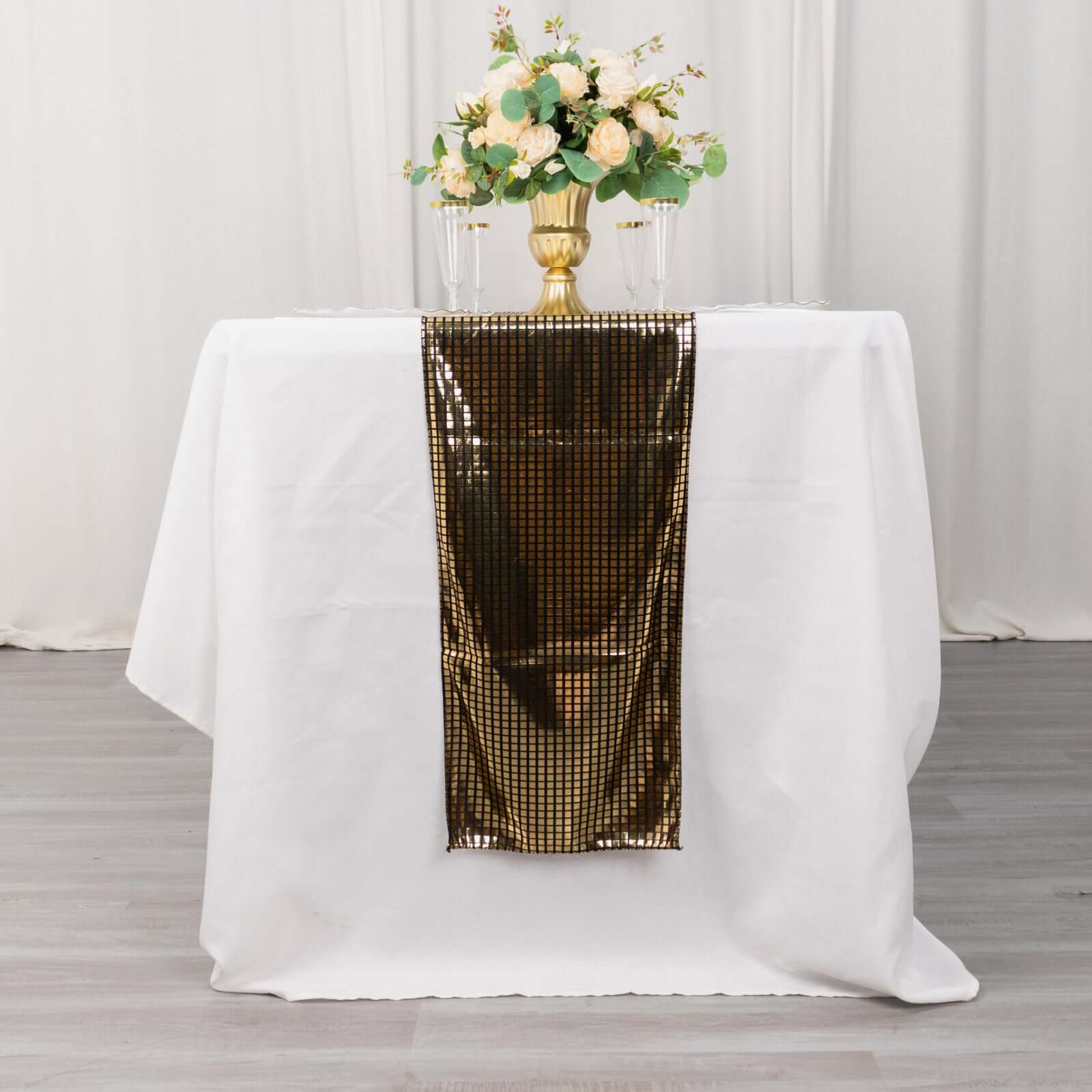 Polyester Table Runner 12"x108" Black with Square Metallic Gold Foil - Shiny Disco Theme Party Table Decor - Image 9