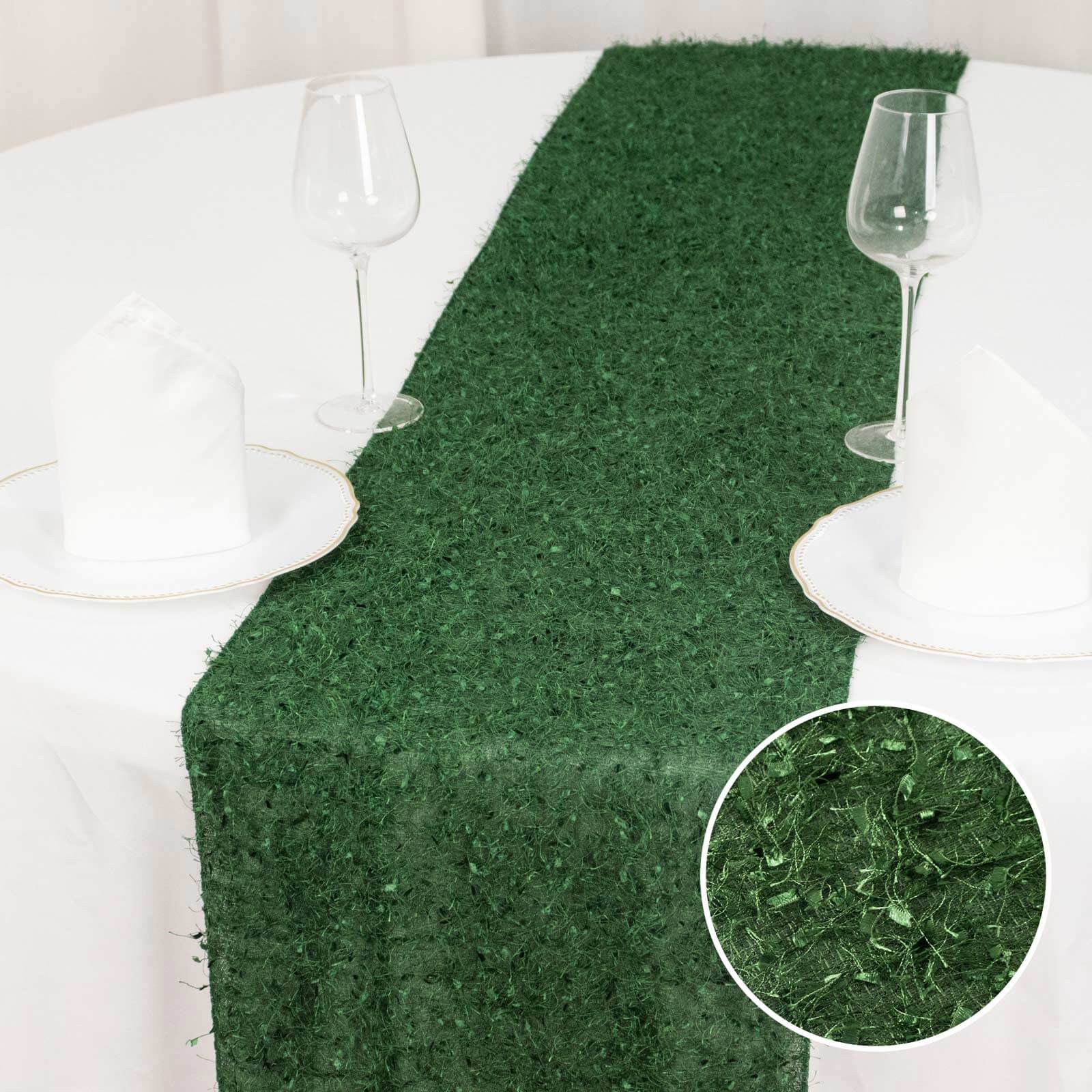 Polyester Table Runner 12"x108" Green with Fringe Shag Design Linen - Image 4