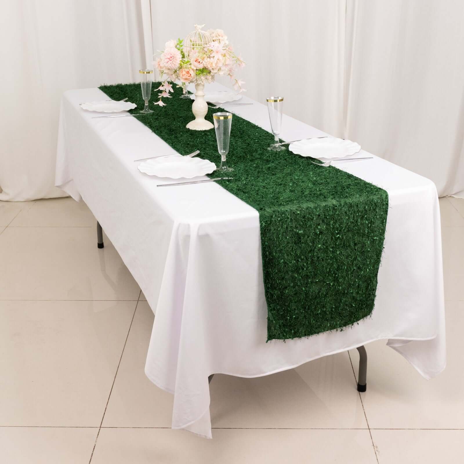 Polyester Table Runner 12"x108" Green with Fringe Shag Design Linen - Image 7