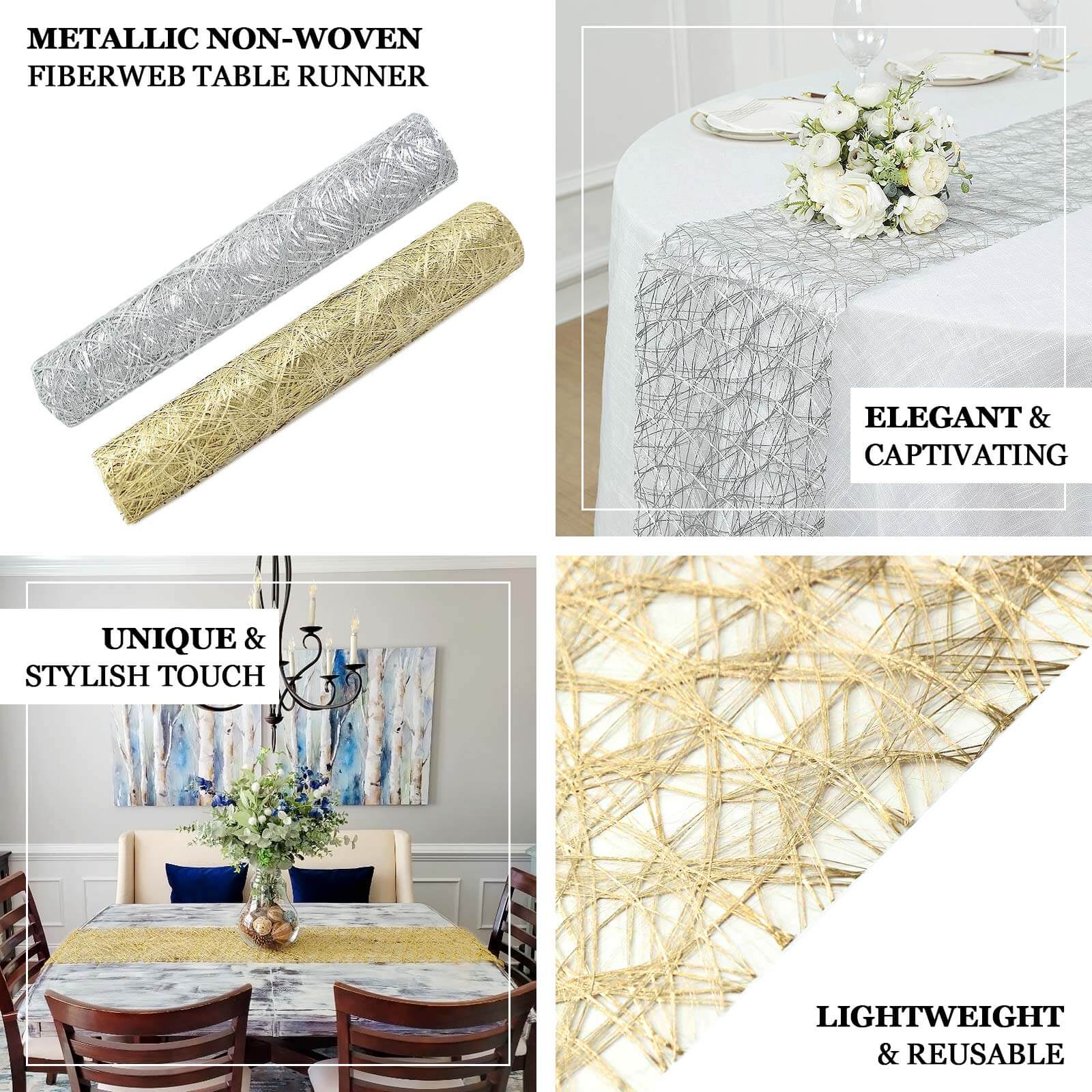 Polyester Table Runner 12"x108" Metallic Silver Disposable Non-Woven Fiber Roll - Stylish & Classy Table Decor - Image 3