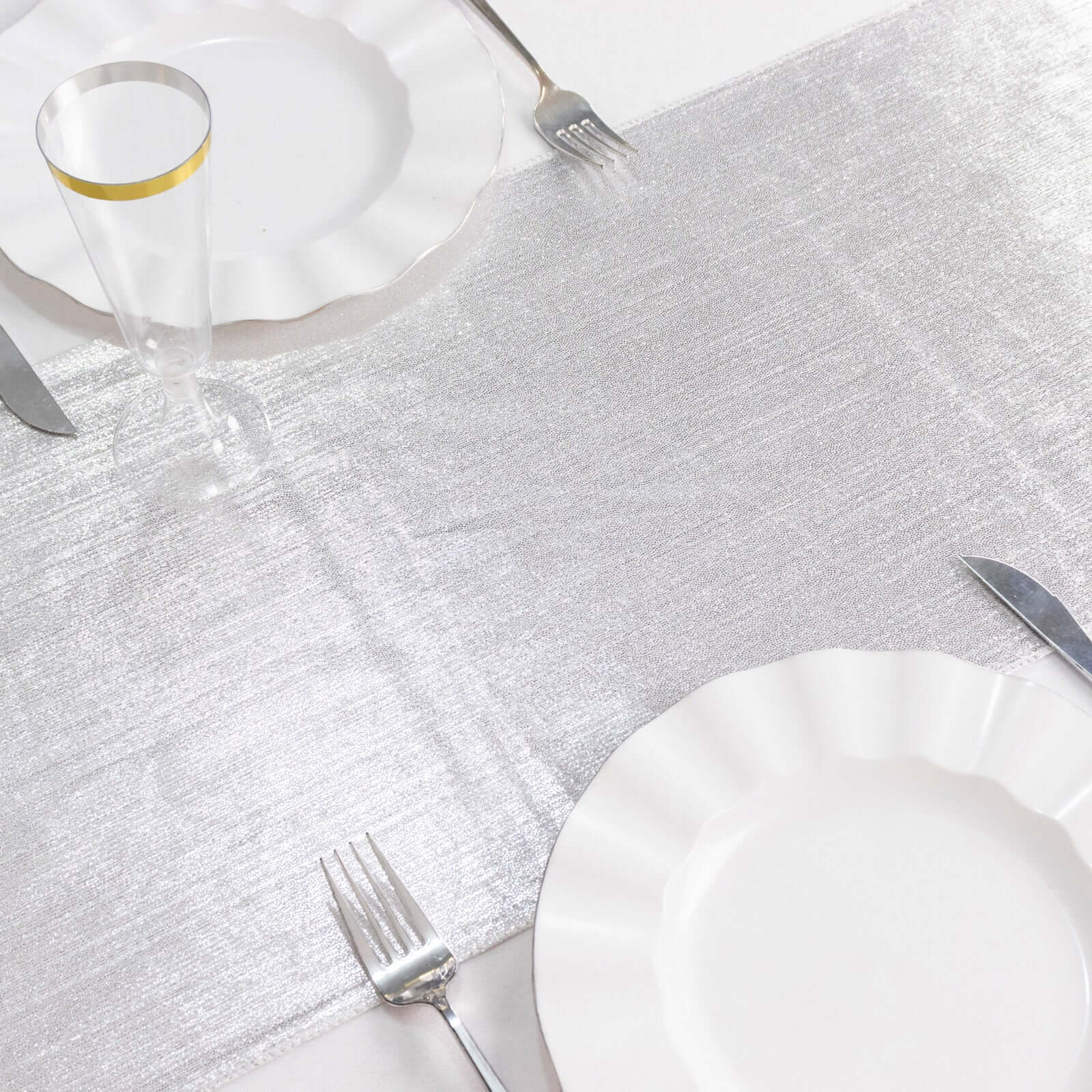 Polyester Table Runner 12"x108" Silver with Shimmer Sequin Dots Design - Wrinkle-Free Finish - Image 2