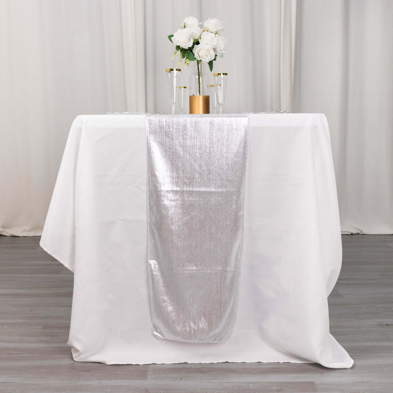 Polyester Table Runner 12"x108" Silver with Shimmer Sequin Dots Design - Wrinkle-Free Finish - Image 5