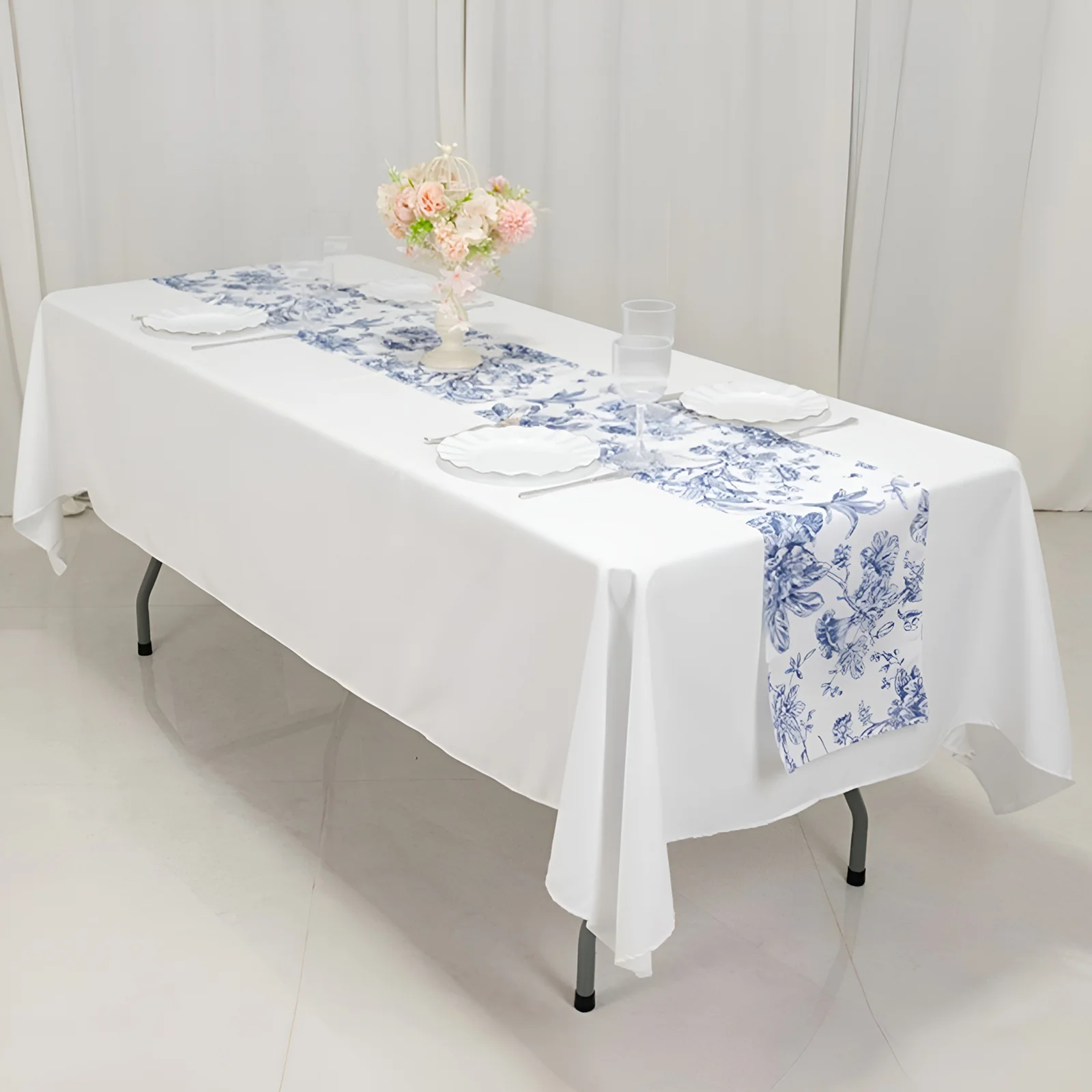 Polyester Table Runner 12"x108" White with Blue French Toile Floral Print - Exquisite Reusable Table Décor - Image 2