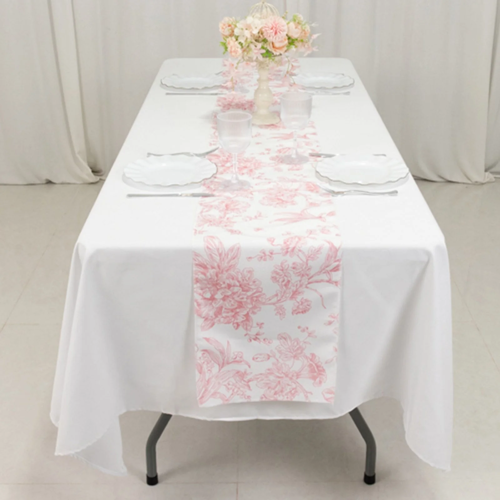 Polyester Table Runner 12"x108" White with Pink French Toile Floral Print - Exquisite Reusable Table Décor - Image 10