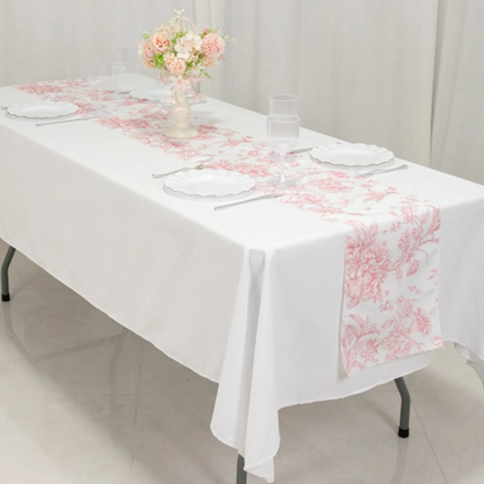 Polyester Table Runner 12"x108" White with Pink French Toile Floral Print - Exquisite Reusable Table Décor - Image 2