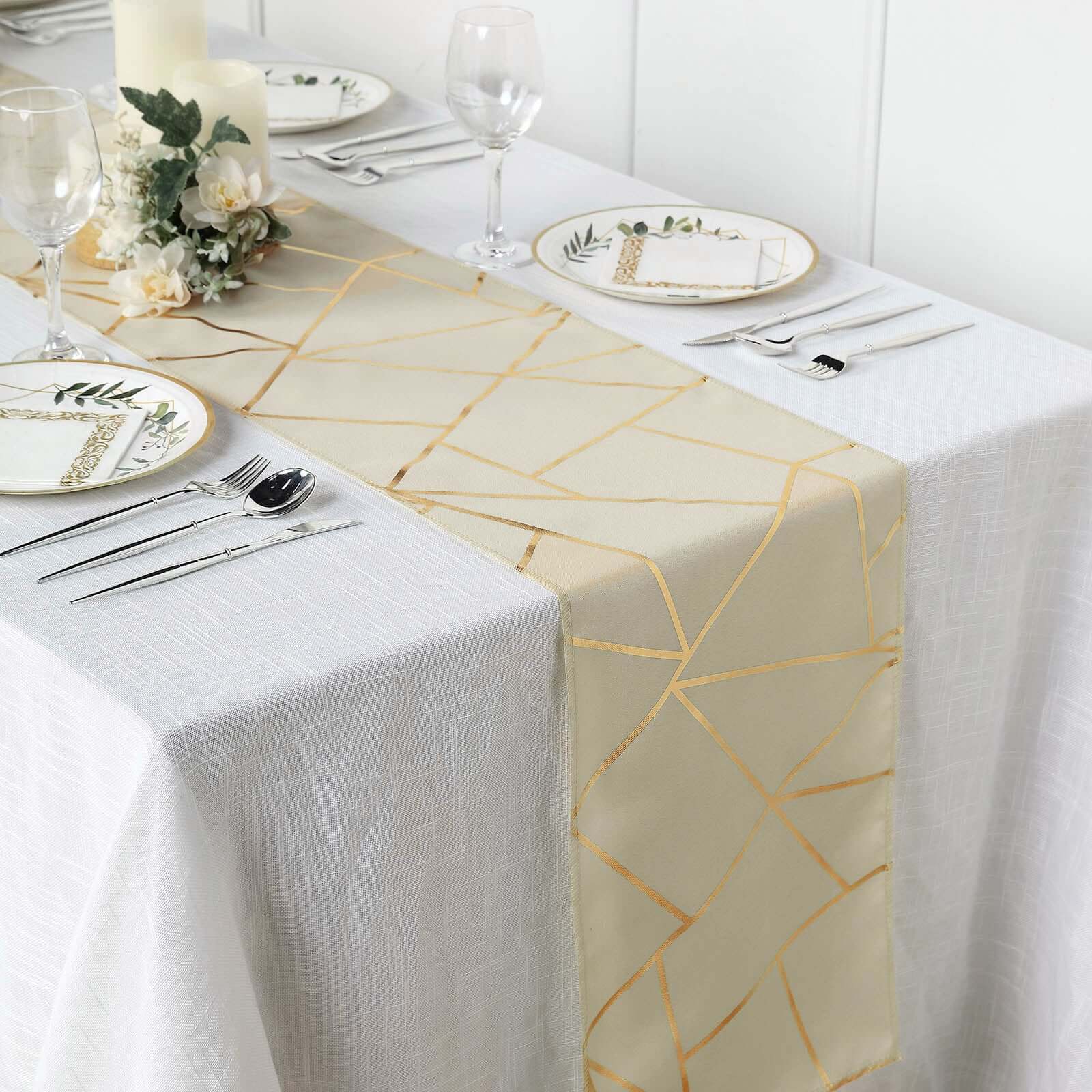 Polyester Table Runner 9ft Beige with Gold Foil Geometric Pattern - Image 2