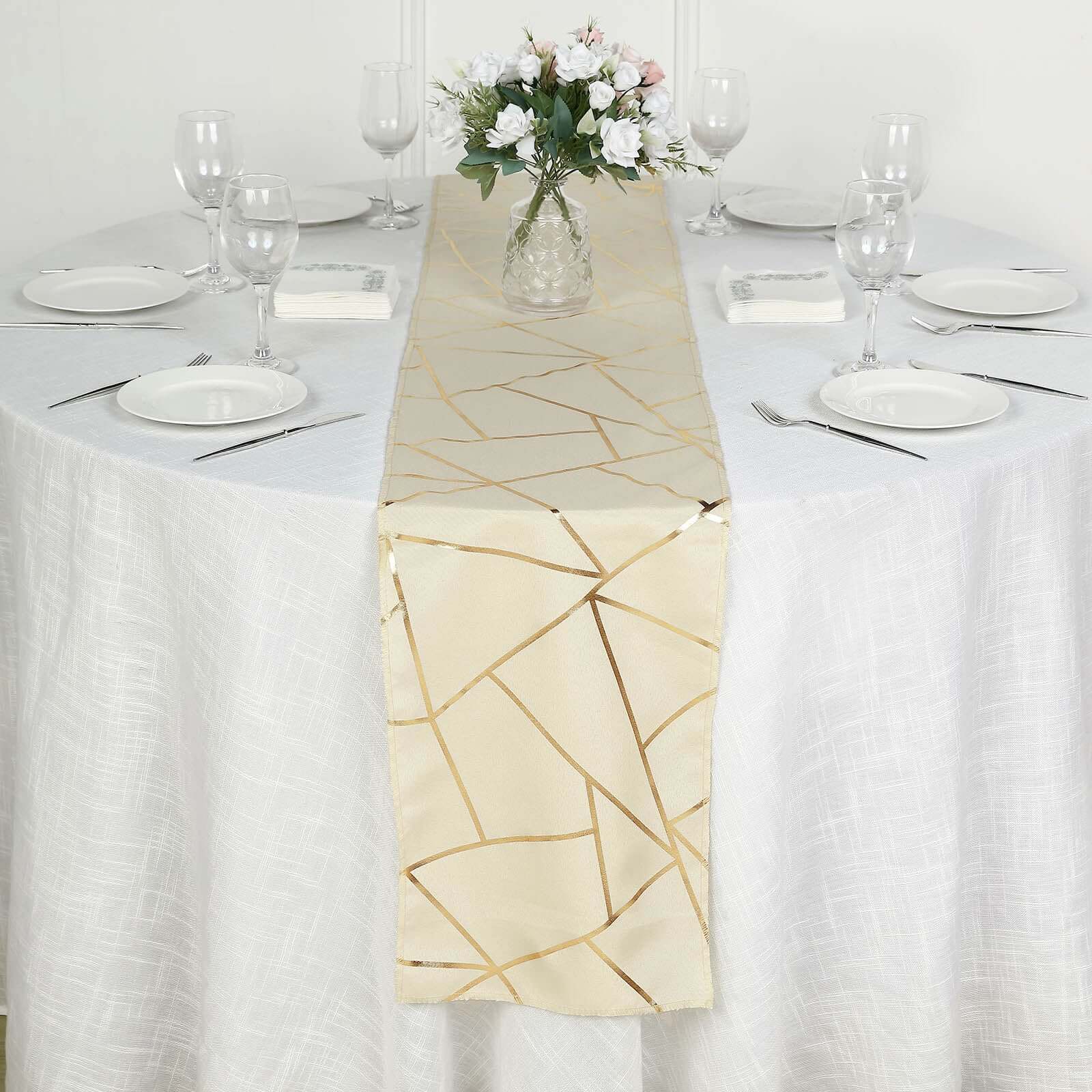 Polyester Table Runner 9ft Beige with Gold Foil Geometric Pattern - Image 6