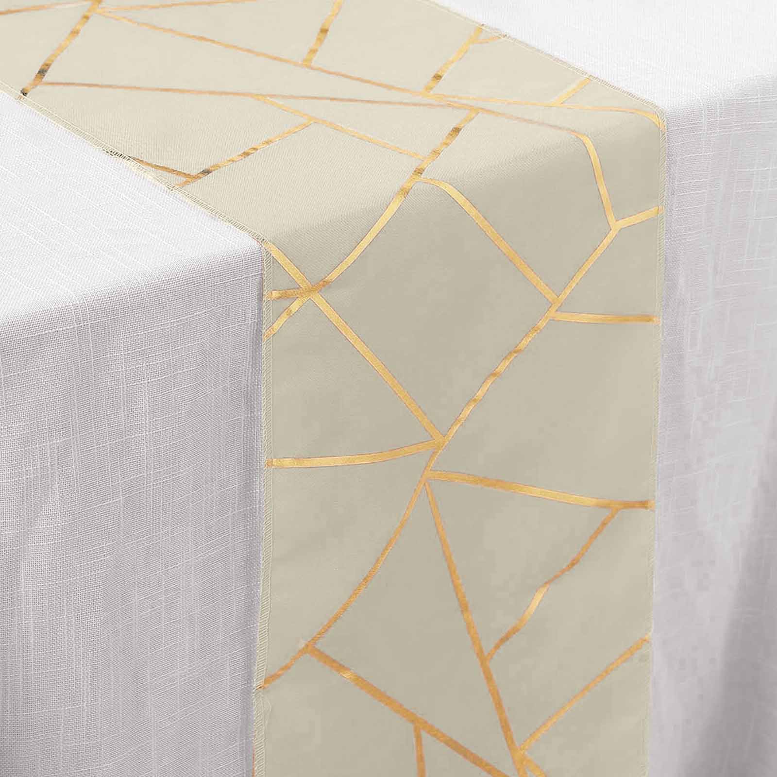 Polyester Table Runner 9ft Beige with Gold Foil Geometric Pattern - Image 7