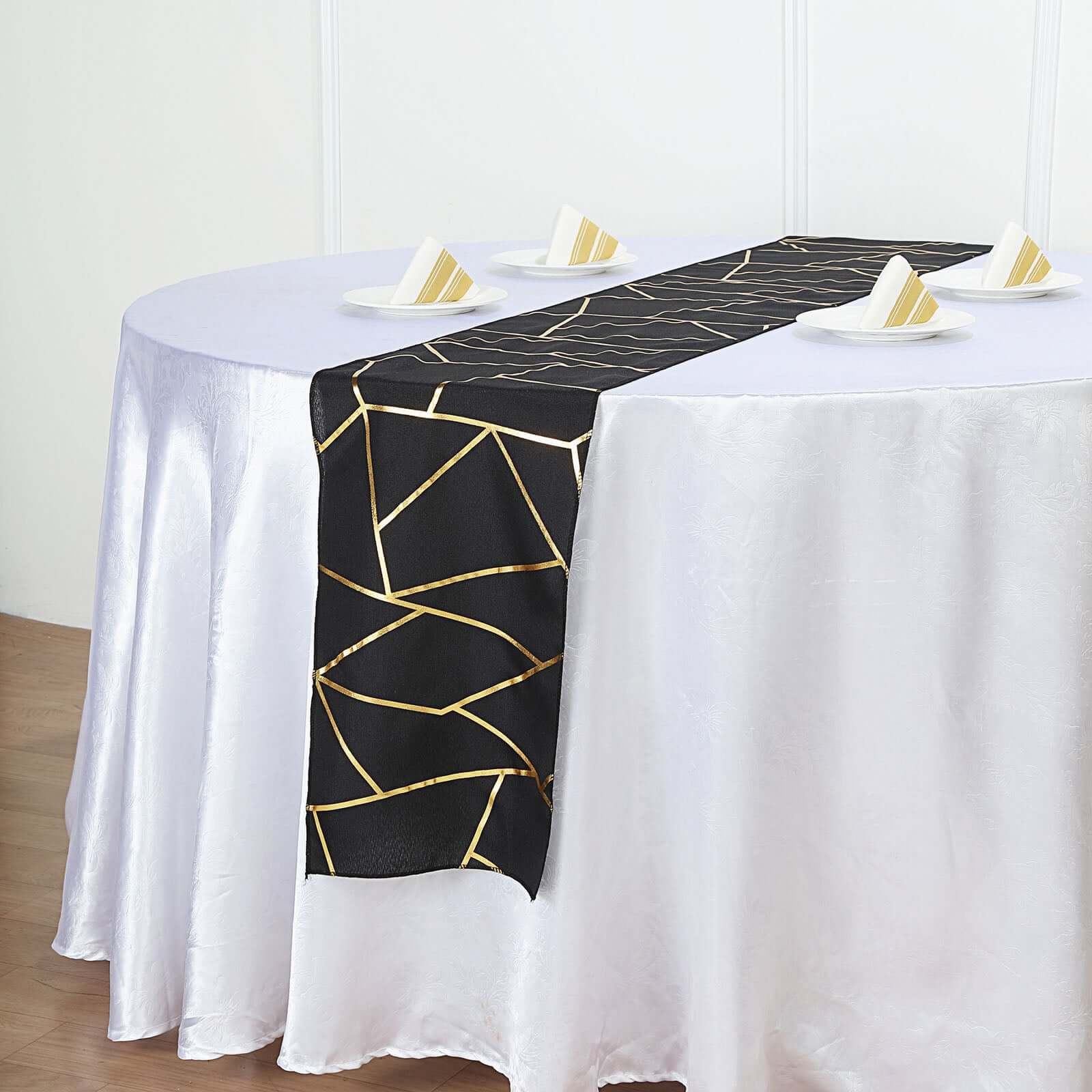 Polyester Table Runner 9ft Black with Gold Foil Geometric Pattern - Image 2