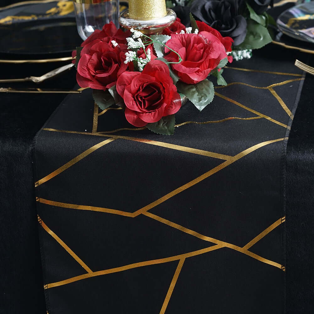 Polyester Table Runner 9ft Black with Gold Foil Geometric Pattern - Image 6