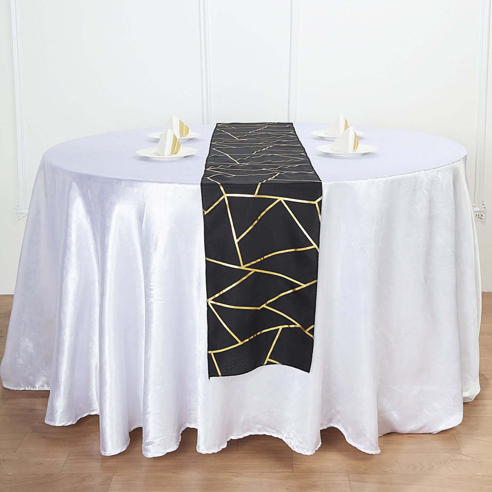 Polyester Table Runner 9ft Black with Gold Foil Geometric Pattern - Image 7