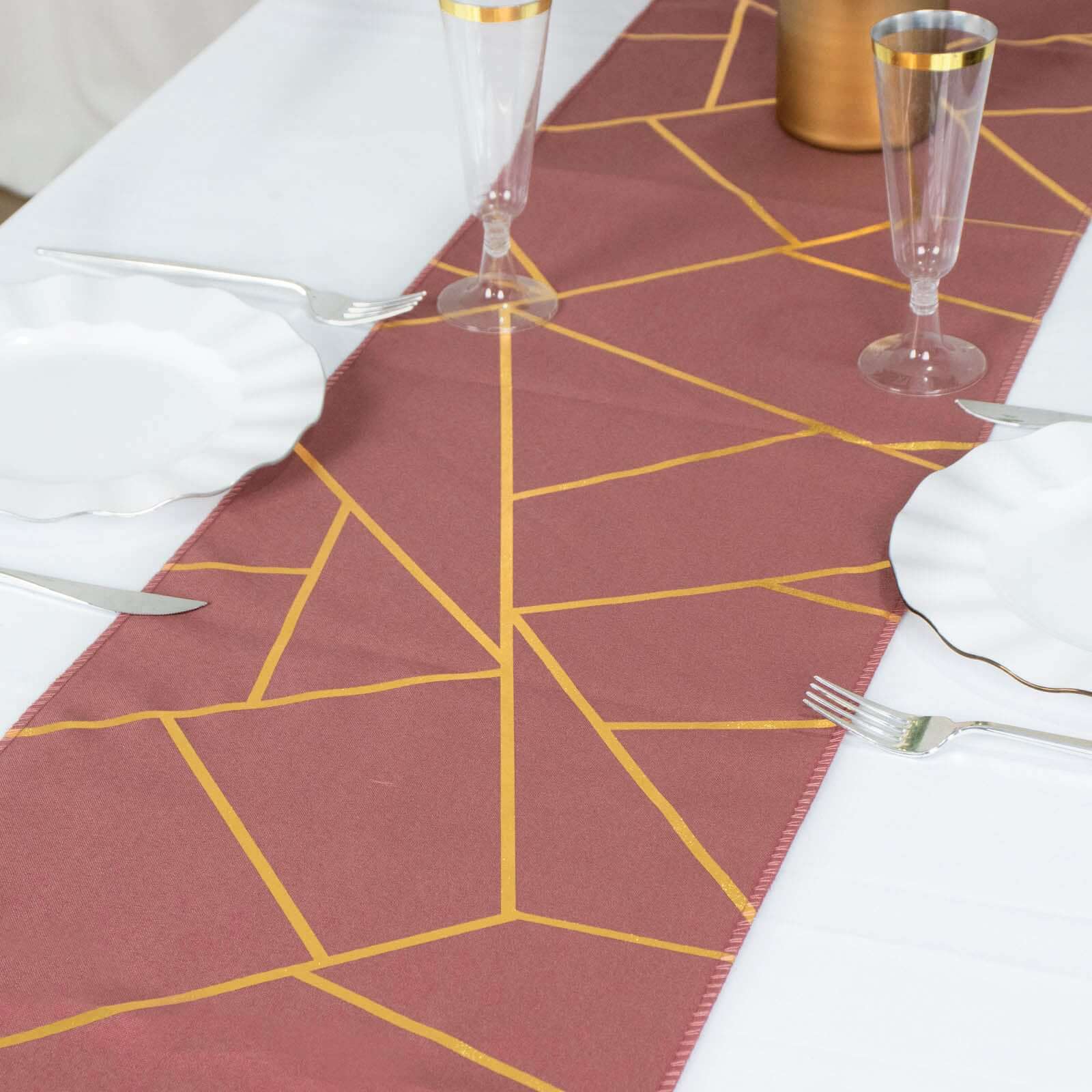 Polyester Table Runner 9ft Cinnamon Rose - Gold Foil Geometric Pattern