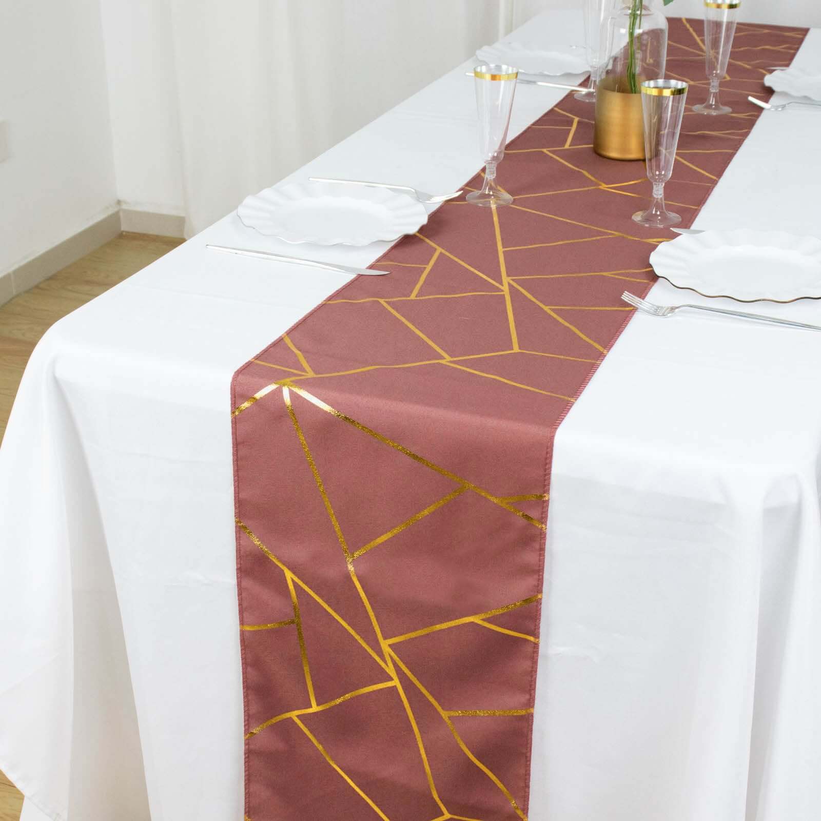 Polyester Table Runner 9ft Cinnamon Rose - Gold Foil Geometric Pattern - Image 10
