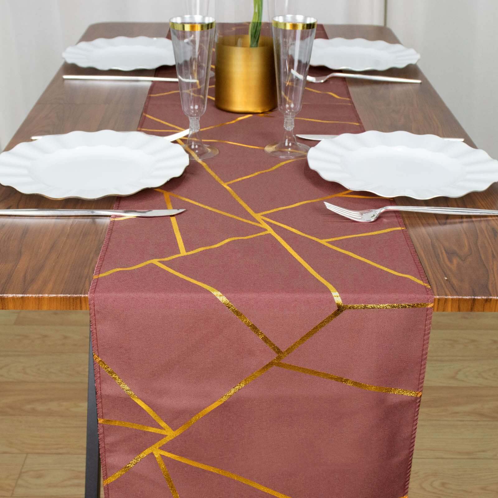Polyester Table Runner 9ft Cinnamon Rose - Gold Foil Geometric Pattern - Image 11