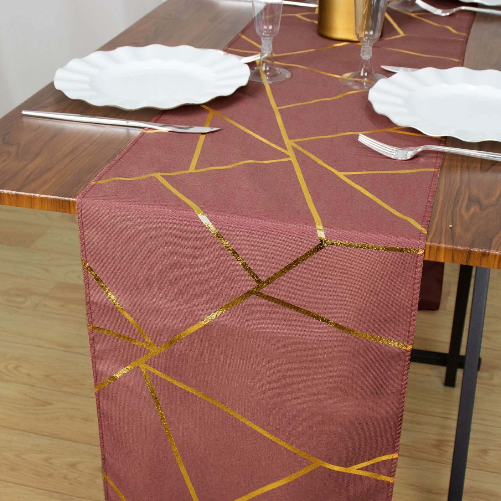 Polyester Table Runner 9ft Cinnamon Rose - Gold Foil Geometric Pattern - Image 12