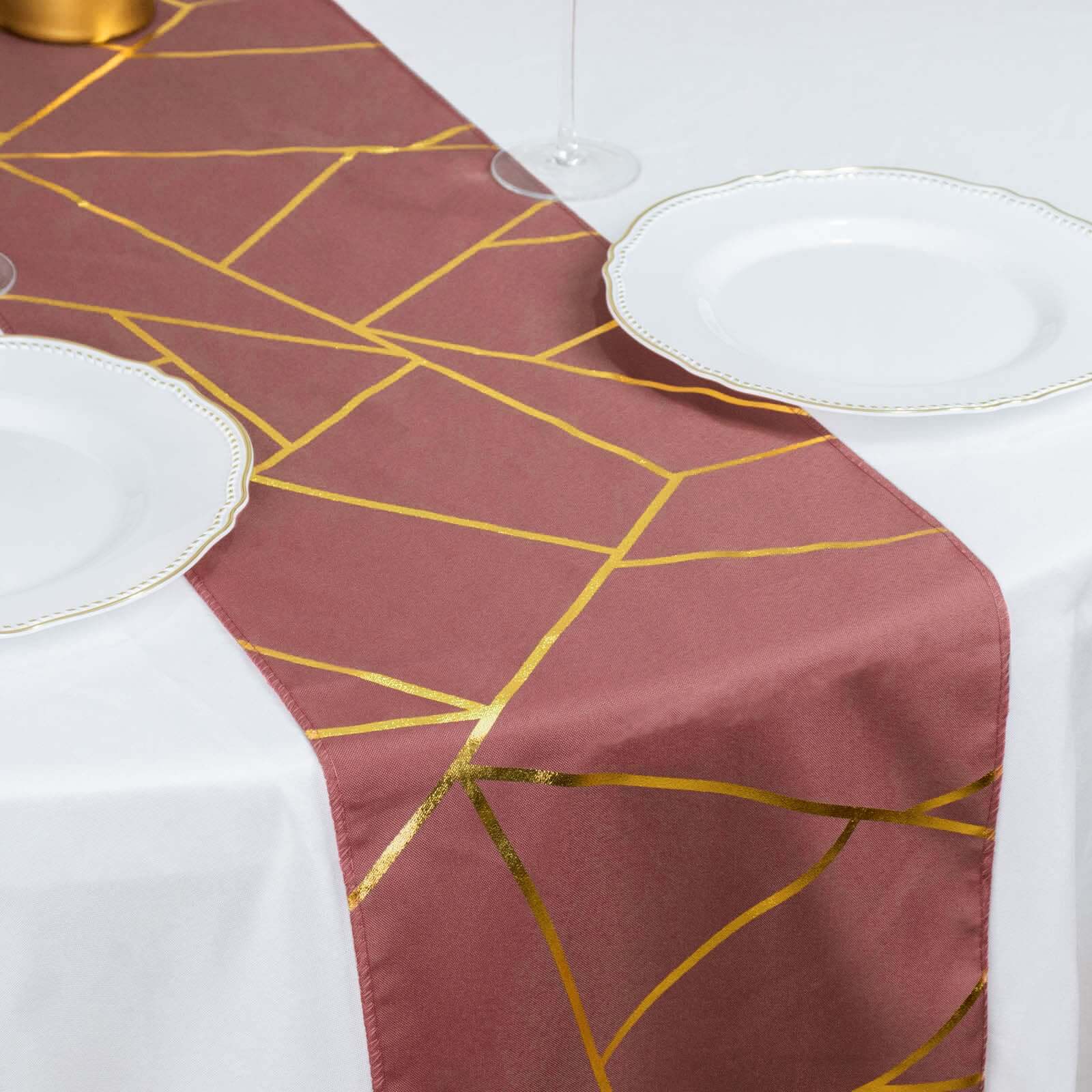 Polyester Table Runner 9ft Cinnamon Rose - Gold Foil Geometric Pattern - Image 13