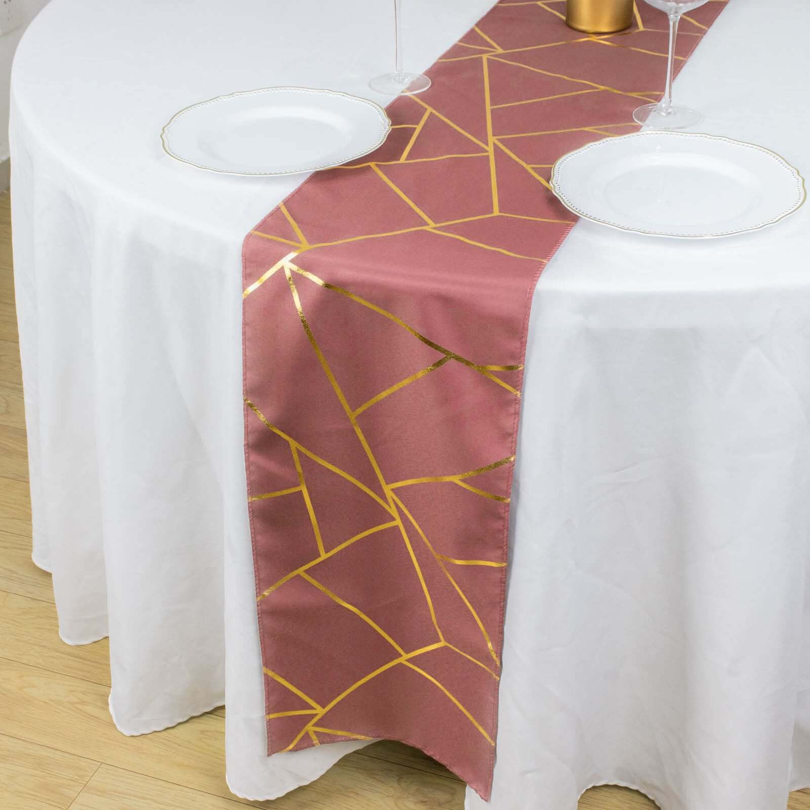 Polyester Table Runner 9ft Cinnamon Rose - Gold Foil Geometric Pattern - Image 5