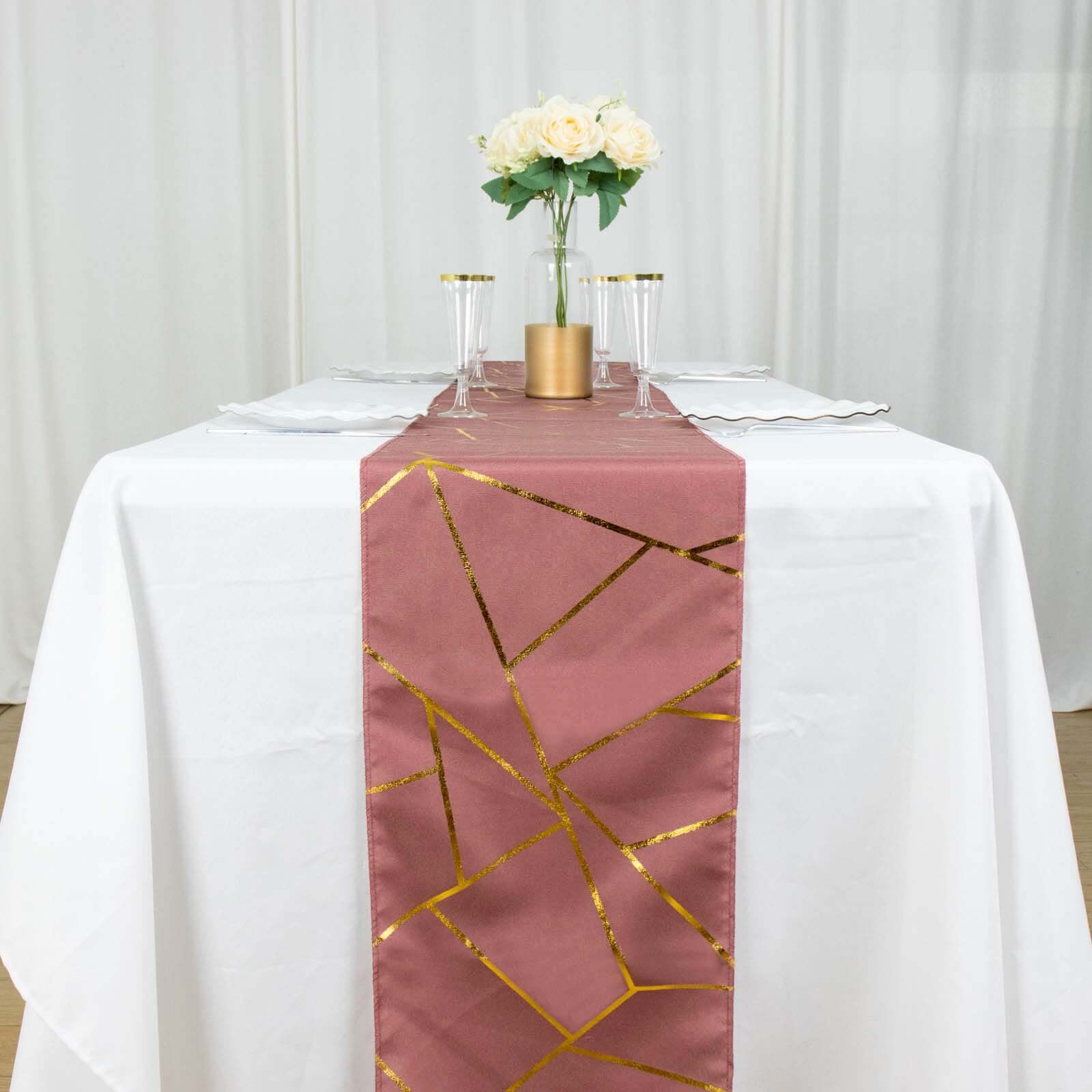 Polyester Table Runner 9ft Cinnamon Rose - Gold Foil Geometric Pattern - Image 6
