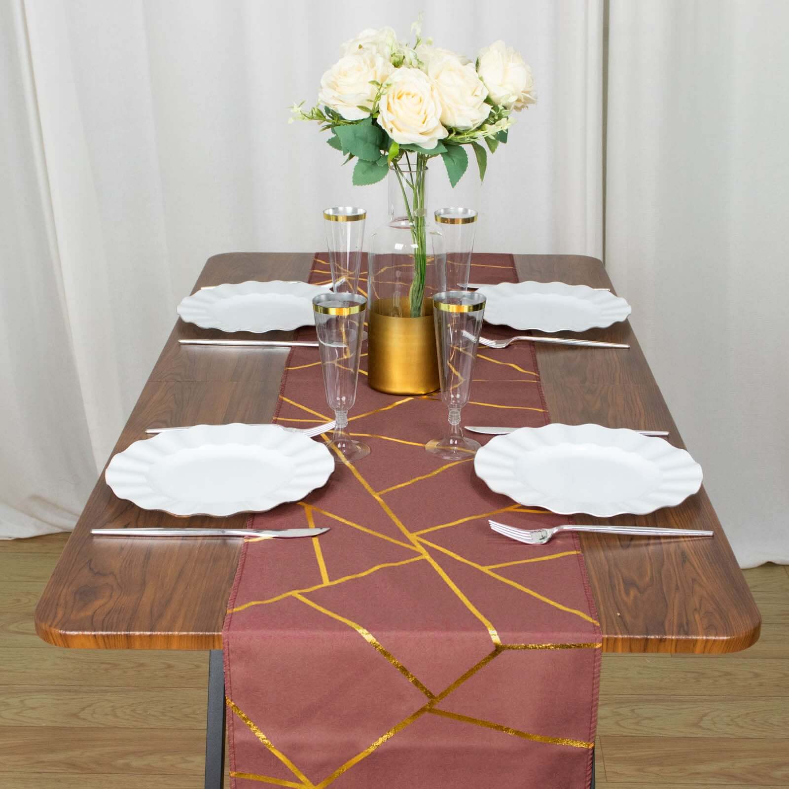 Polyester Table Runner 9ft Cinnamon Rose - Gold Foil Geometric Pattern - Image 8