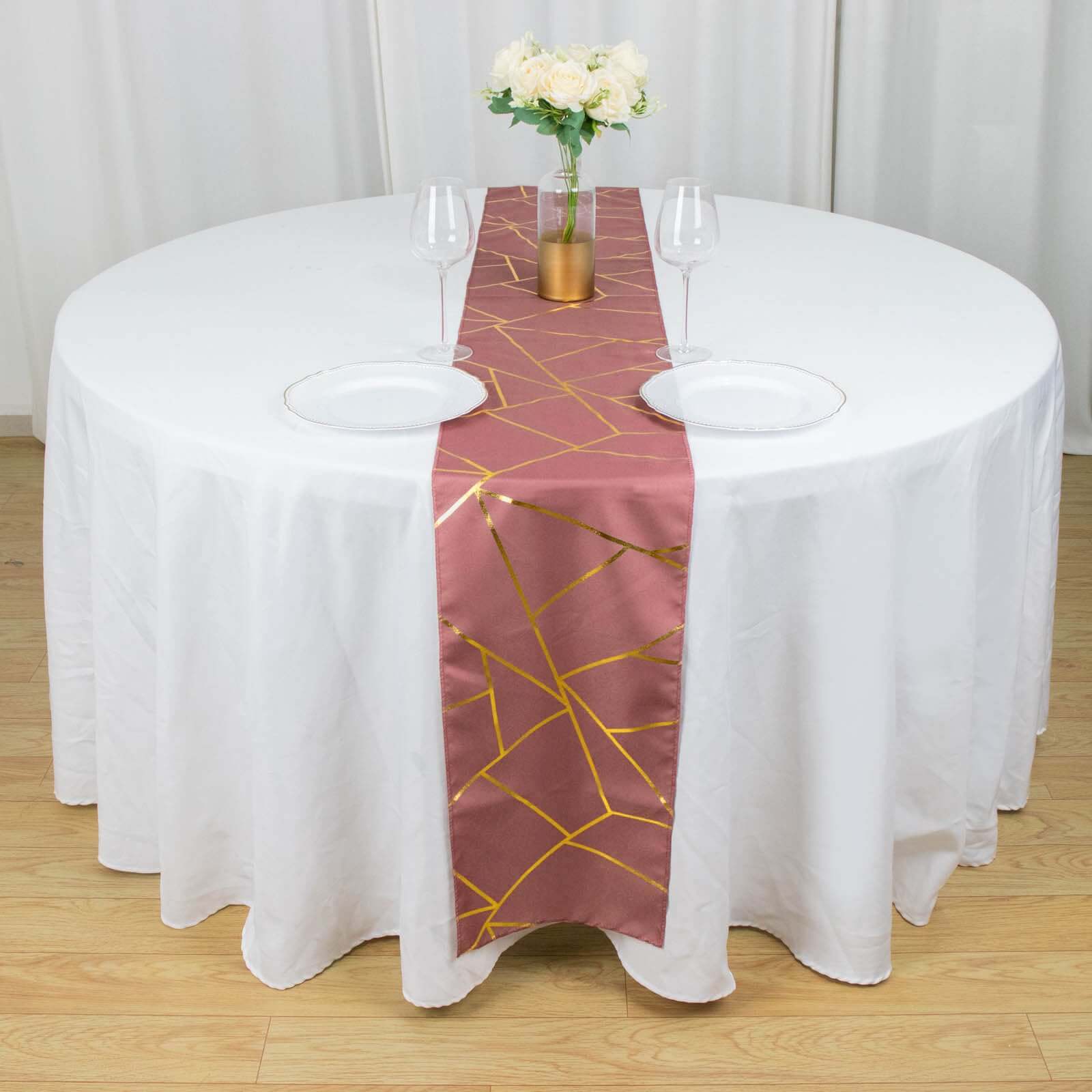 Polyester Table Runner 9ft Cinnamon Rose - Gold Foil Geometric Pattern - Image 9