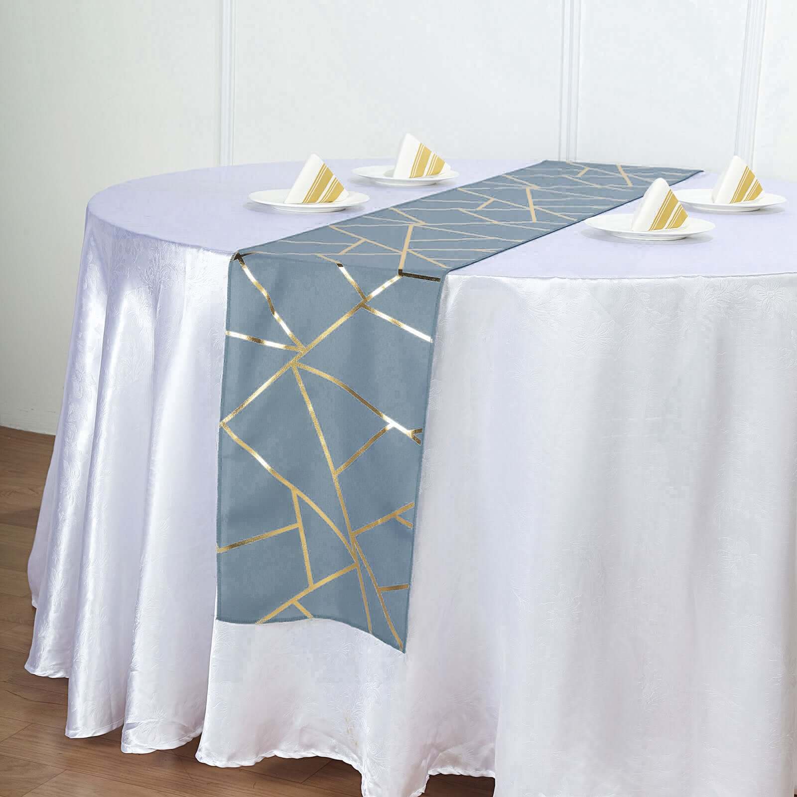 Polyester Table Runner 9ft Dusty Blue with Gold Foil Geometric Pattern - Image 8
