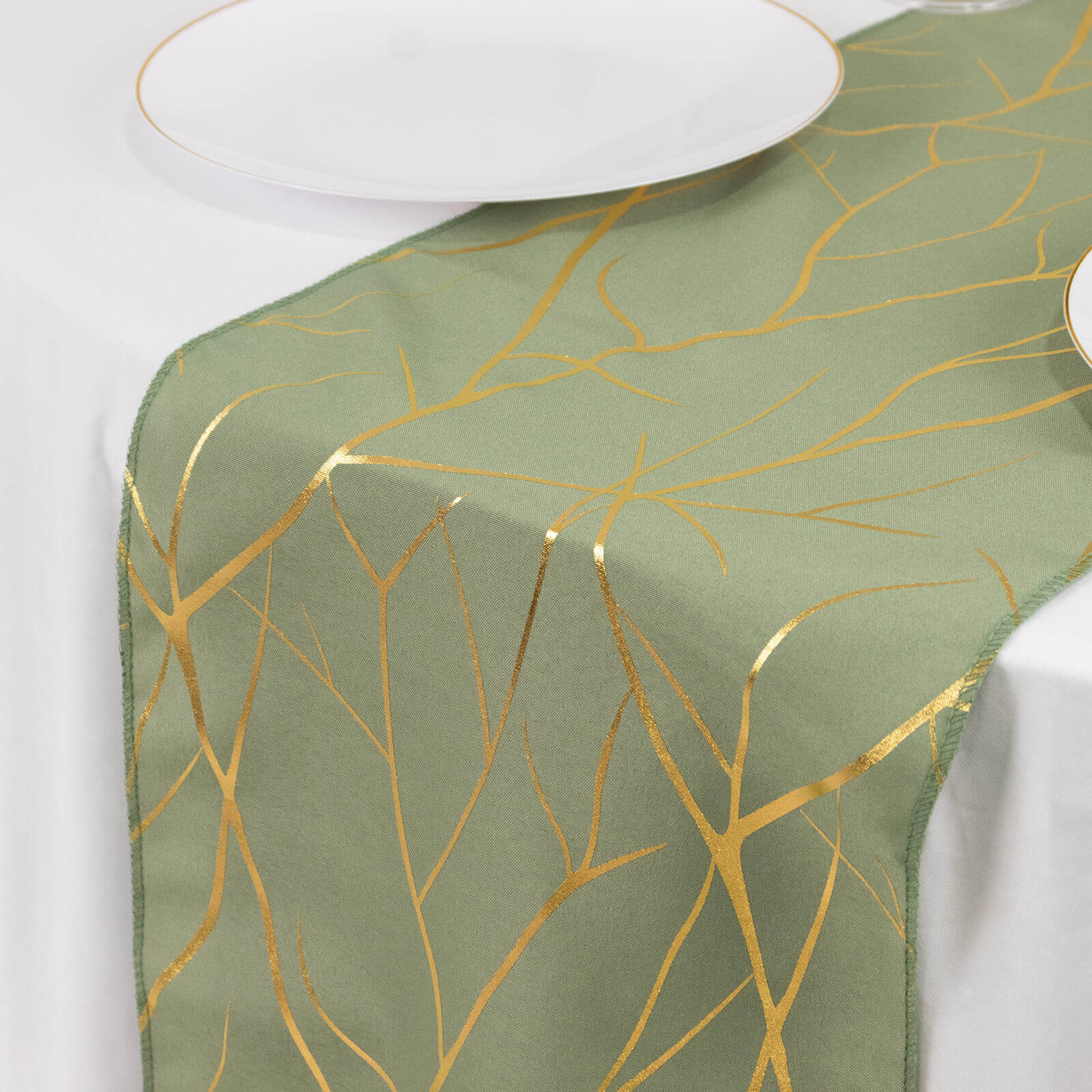 Polyester Table Runner 9ft Dusty Sage Green with Gold Foil Tree Branch Pattern - Stylish Table Decor - Image 3