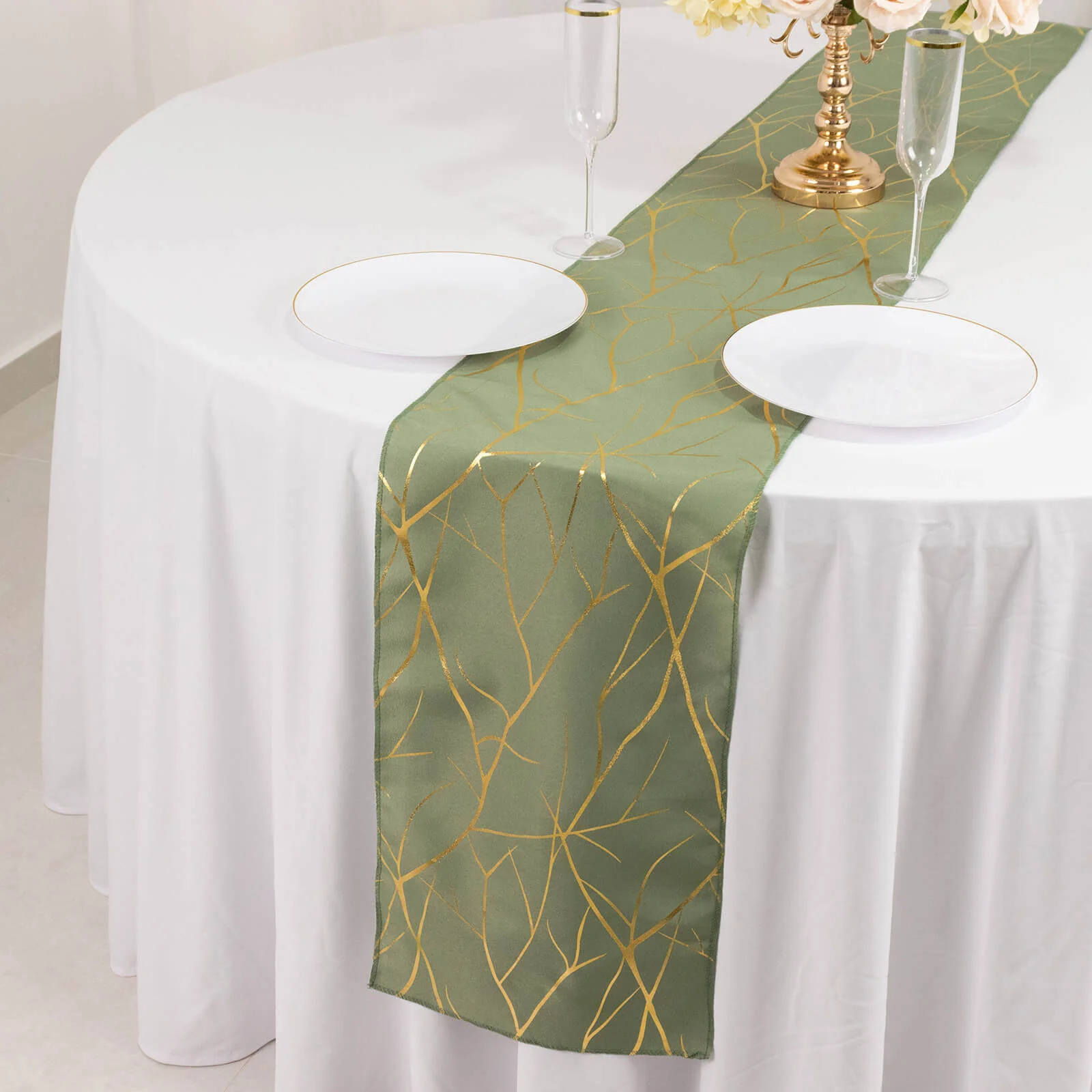 Polyester Table Runner 9ft Dusty Sage Green with Gold Foil Tree Branch Pattern - Stylish Table Decor - Image 5