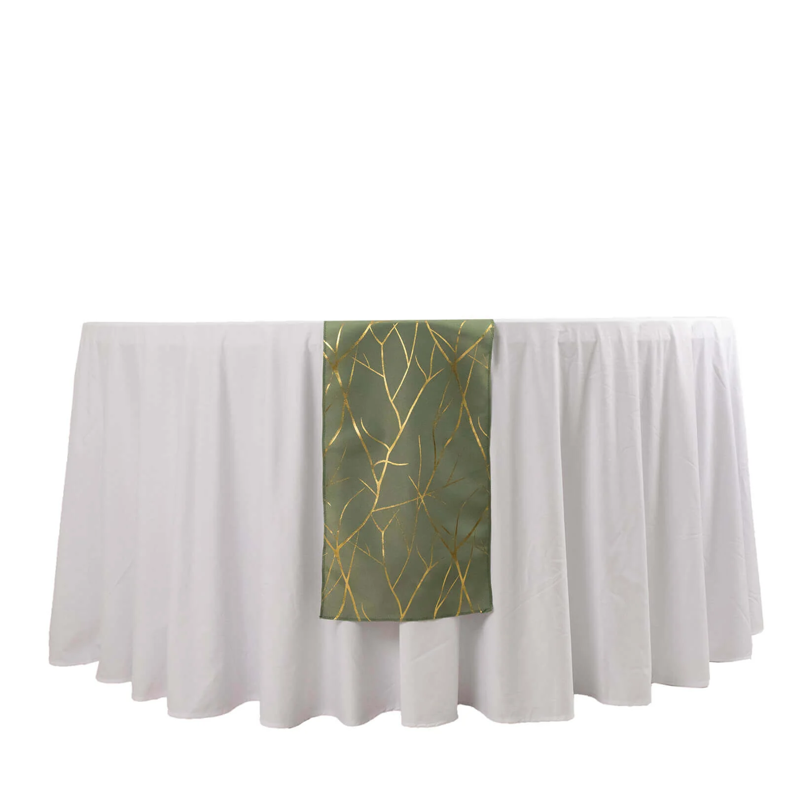 Polyester Table Runner 9ft Dusty Sage Green with Gold Foil Tree Branch Pattern - Stylish Table Decor - Image 7