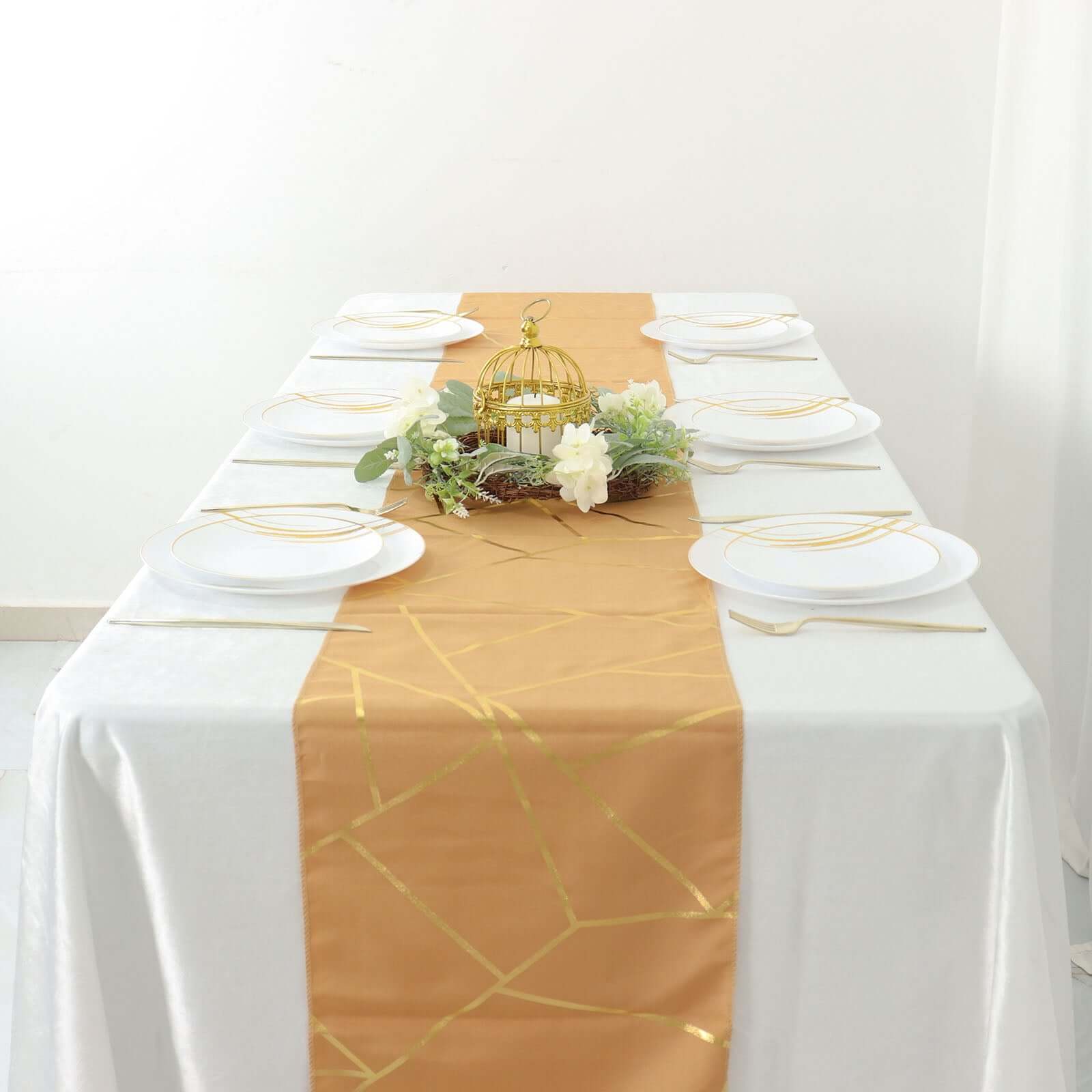 Polyester Table Runner 9ft Gold with Gold Foil Geometric Pattern - Modern & Stylish Table Decor