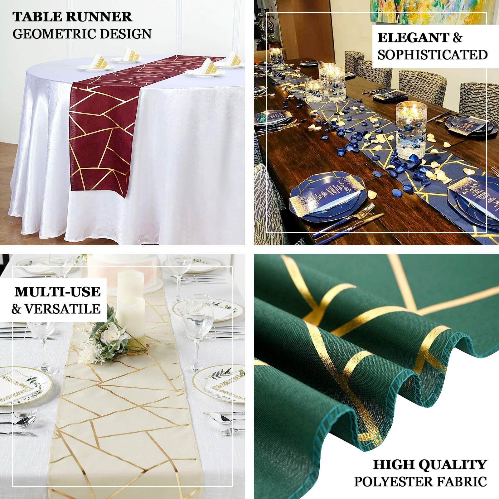 Polyester Table Runner 9ft Gold with Gold Foil Geometric Pattern - Modern & Stylish Table Decor - Image 4