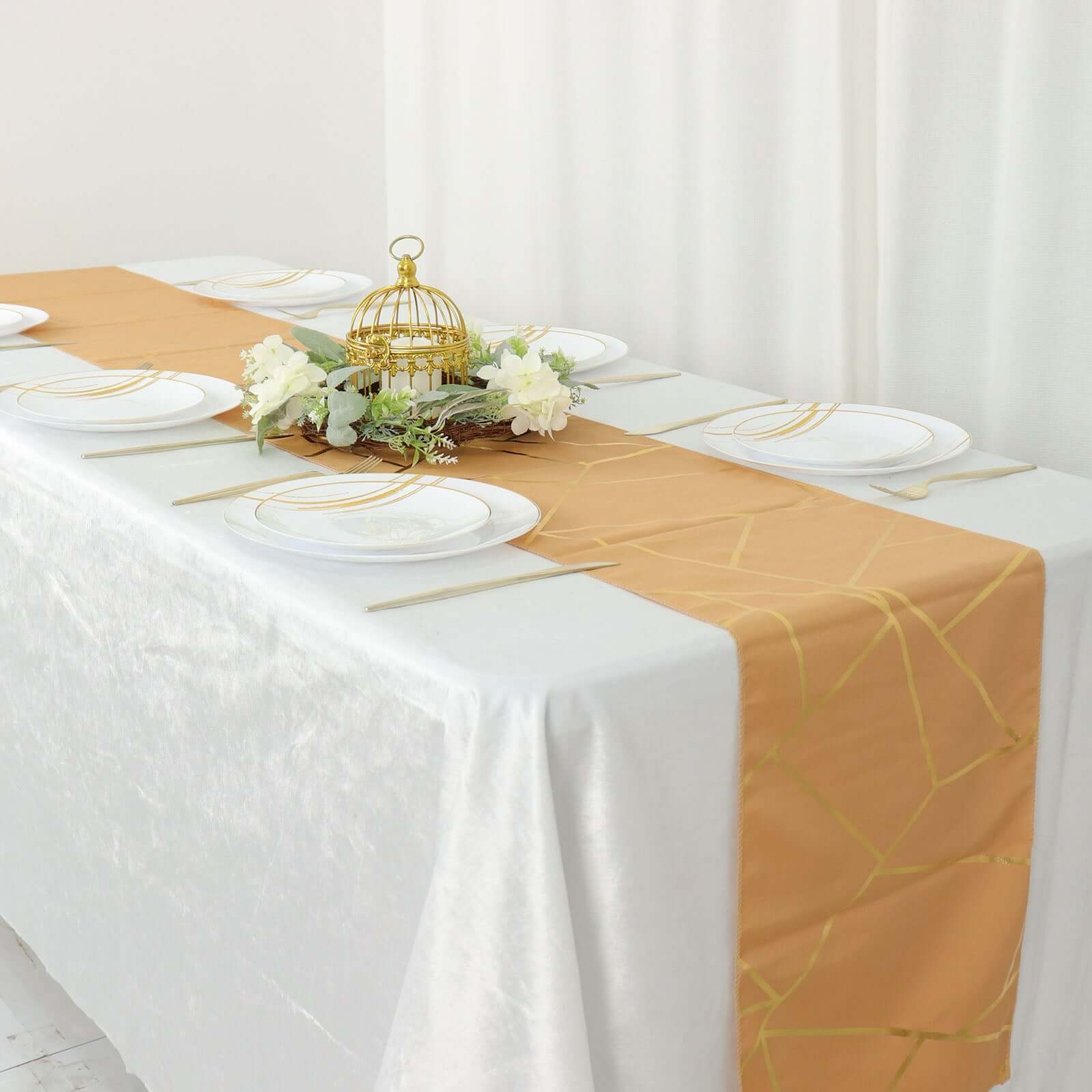 Polyester Table Runner 9ft Gold with Gold Foil Geometric Pattern - Modern & Stylish Table Decor - Image 5