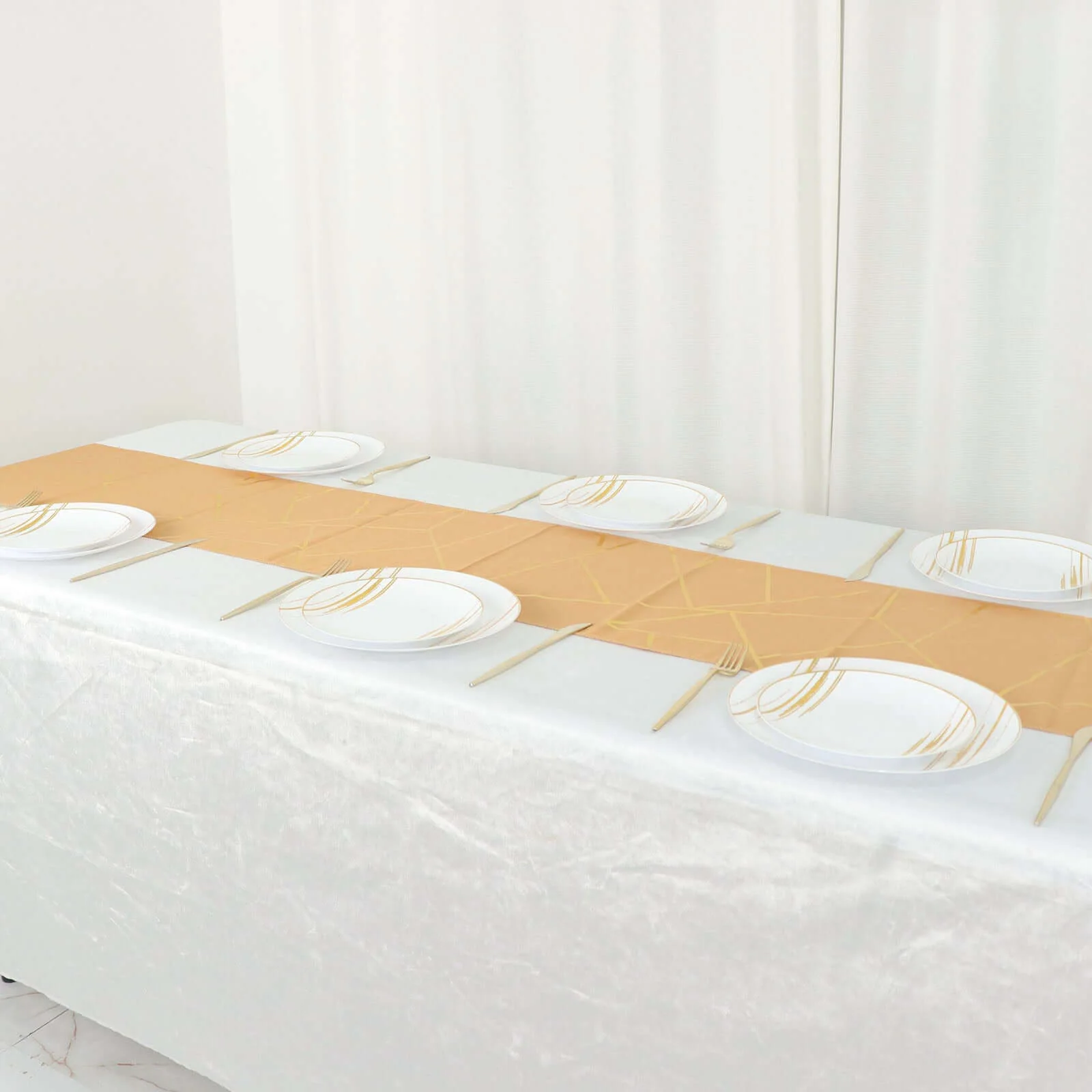 Polyester Table Runner 9ft Gold with Gold Foil Geometric Pattern - Modern & Stylish Table Decor - Image 6