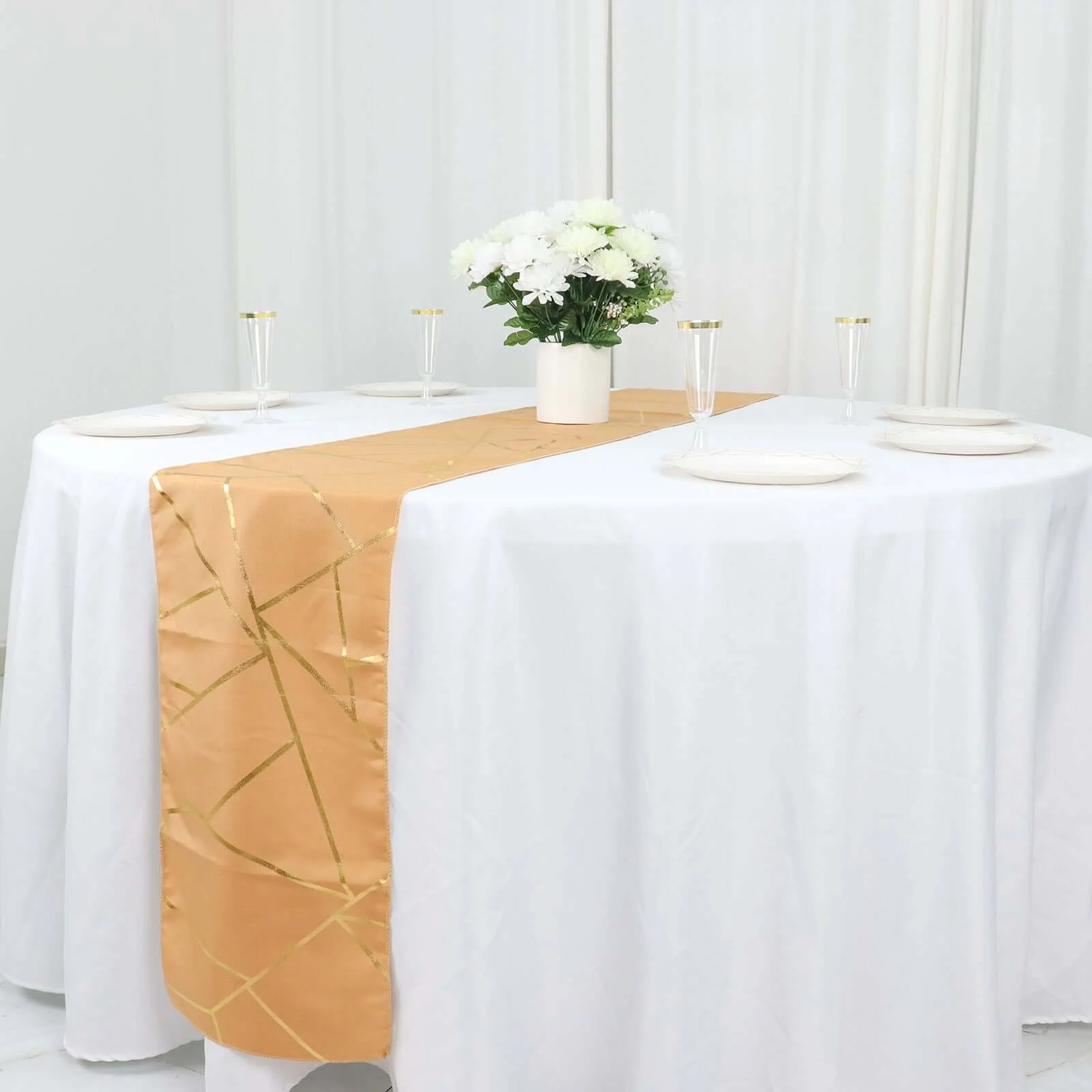 Polyester Table Runner 9ft Gold with Gold Foil Geometric Pattern - Modern & Stylish Table Decor - Image 8