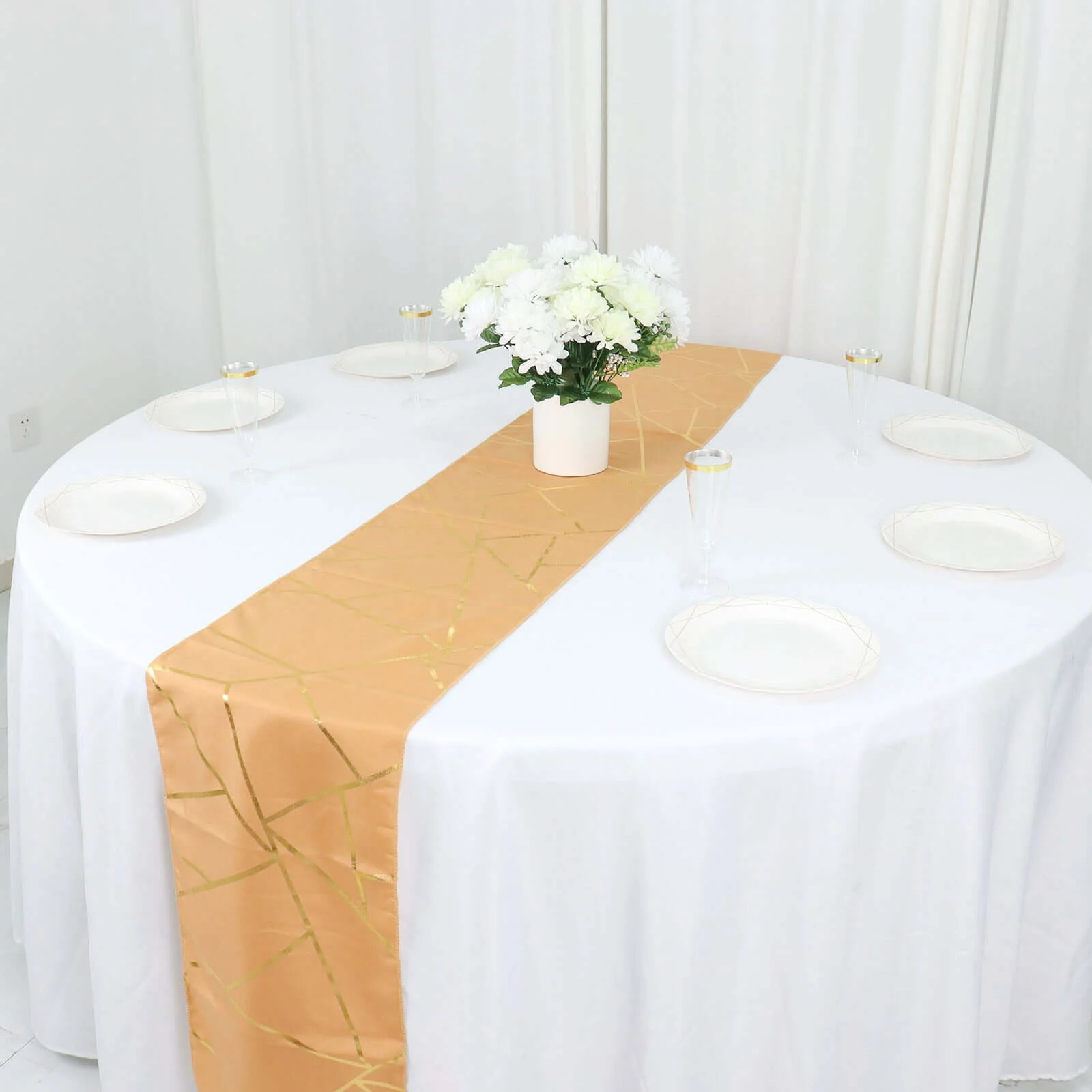 Polyester Table Runner 9ft Gold with Gold Foil Geometric Pattern - Modern & Stylish Table Decor - Image 9