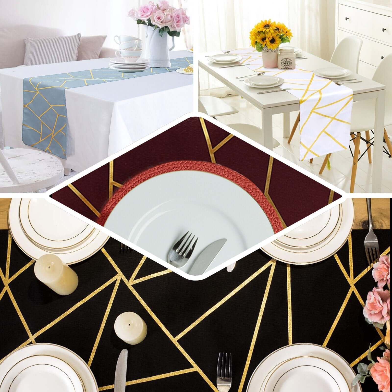 Polyester Table Runner 9ft Hunter Emerald Green with Gold Foil Geometric Pattern - Image 5