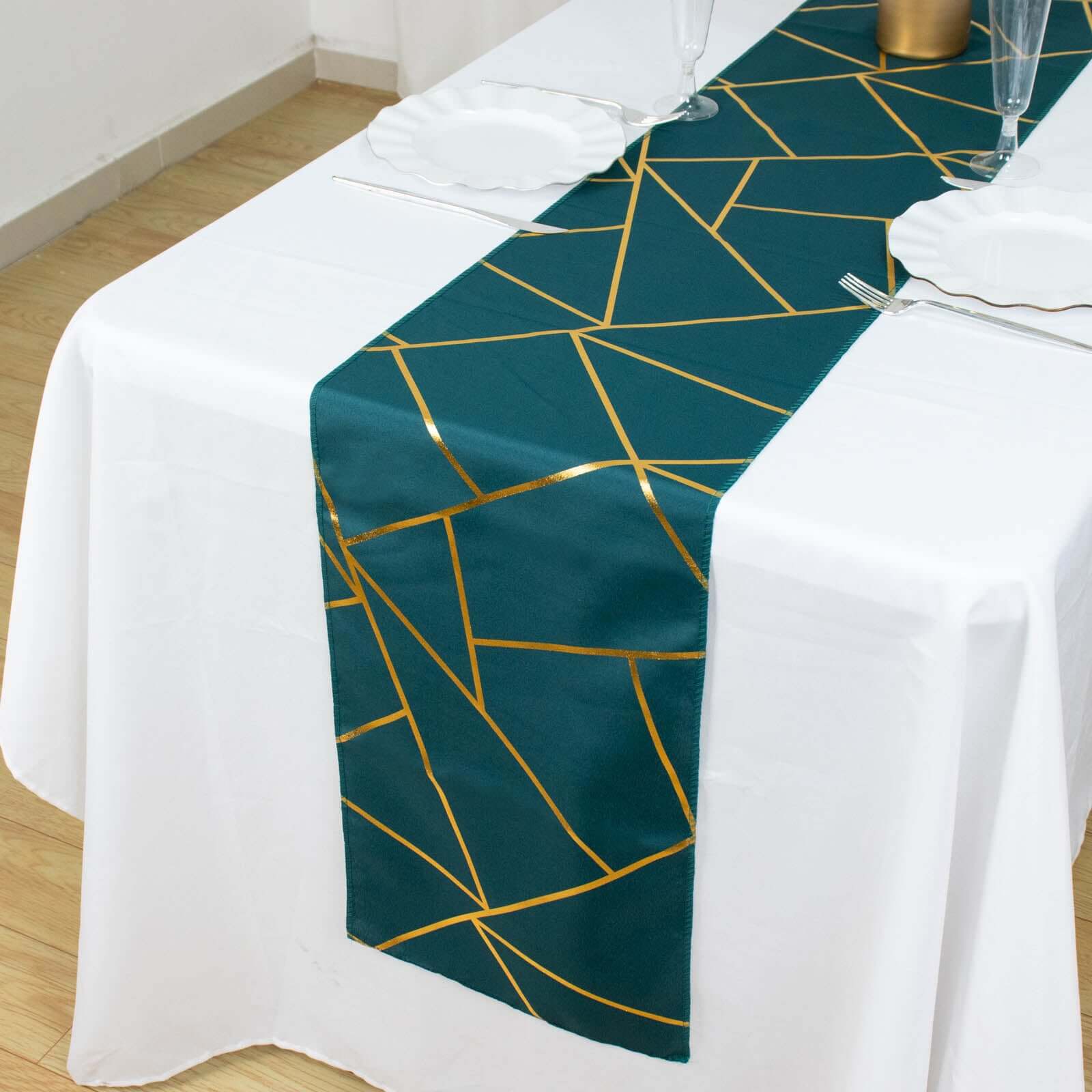 Polyester Table Runner 9ft Peacock Teal - Gold Foil Geometric Pattern - Image 10