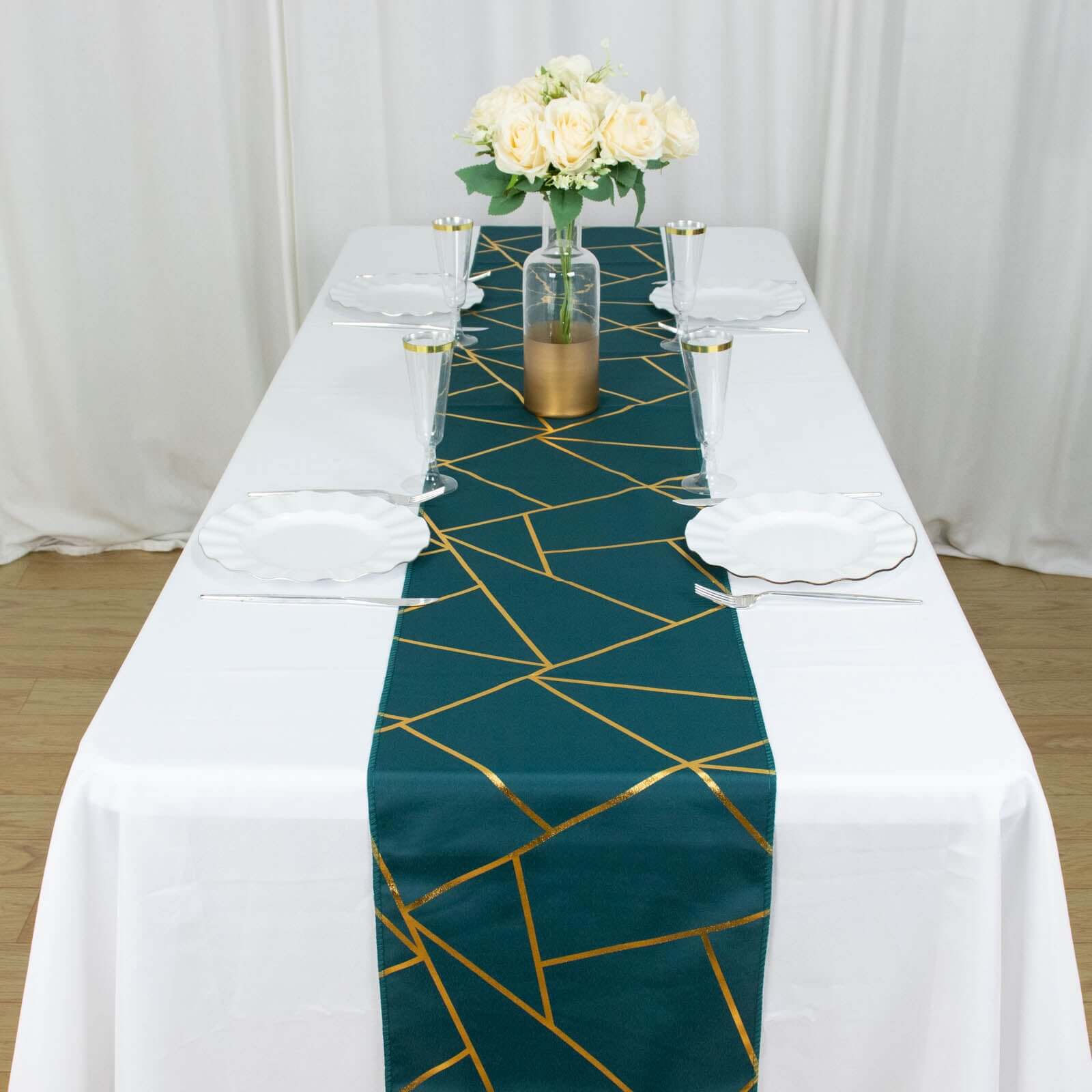 Polyester Table Runner 9ft Peacock Teal - Gold Foil Geometric Pattern - Image 6