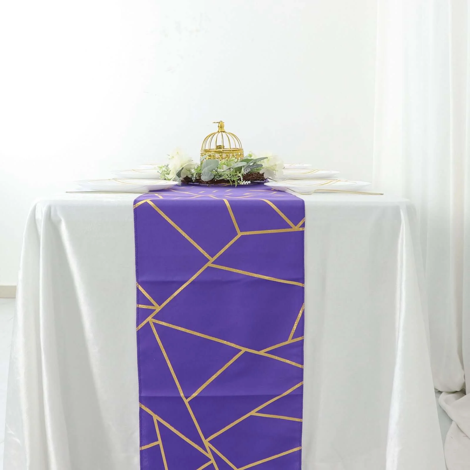 Polyester Table Runner 9ft Purple with Gold Foil Geometric Pattern - Modern & Stylish Table Decor - Image 2