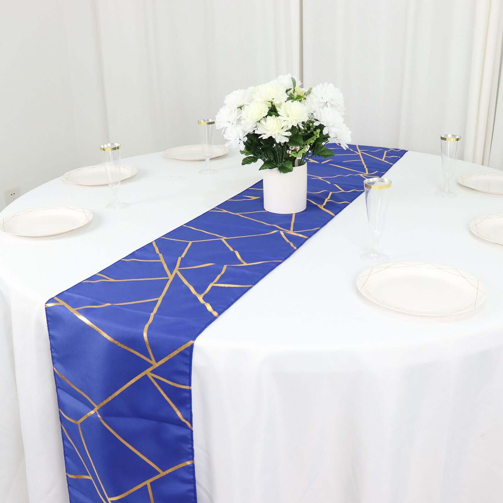 Polyester Table Runner 9ft Royal Blue - Gold Foil Geometric Pattern - Image 8