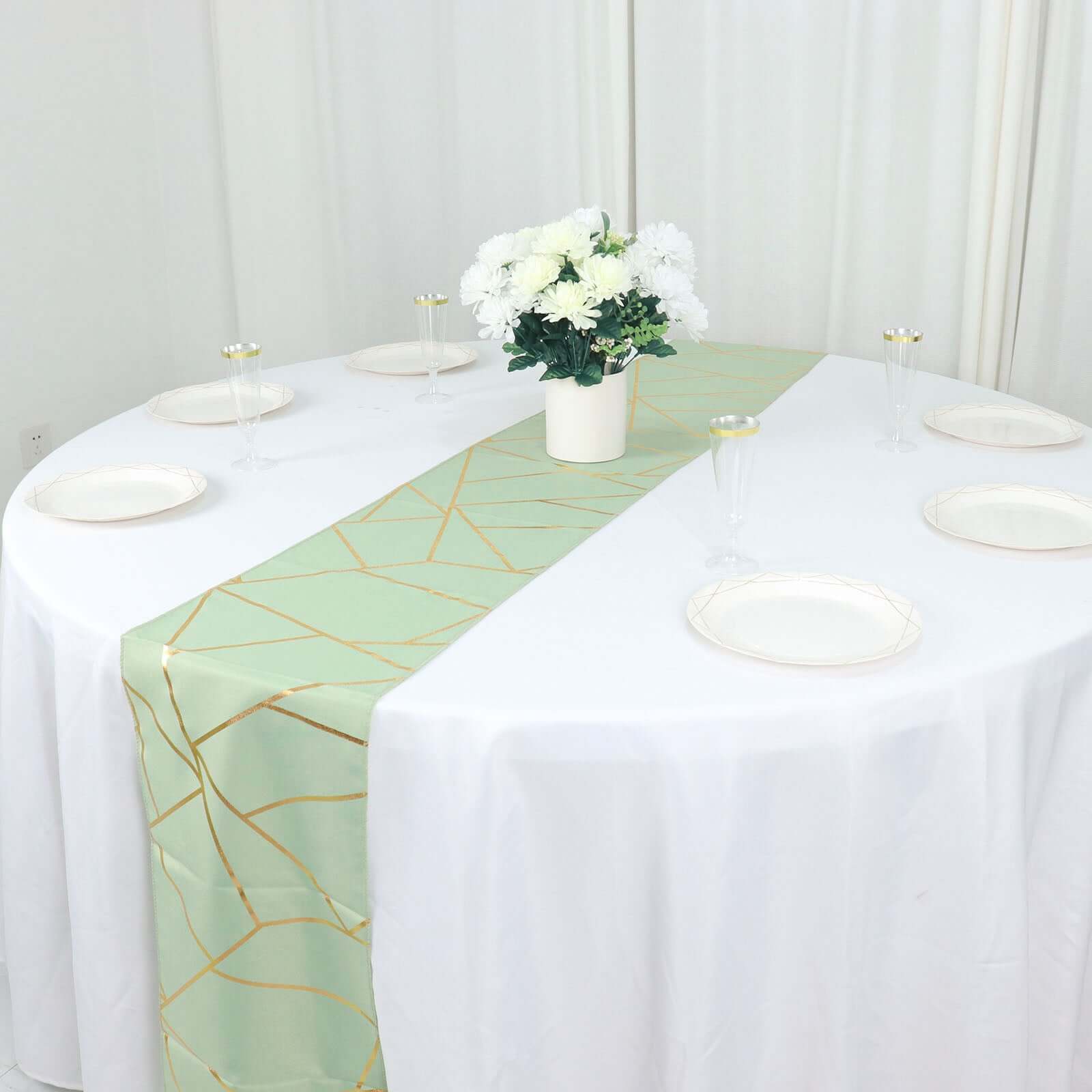 Polyester Table Runner 9ft Sage Green - Gold Foil Geometric Pattern - Image 11