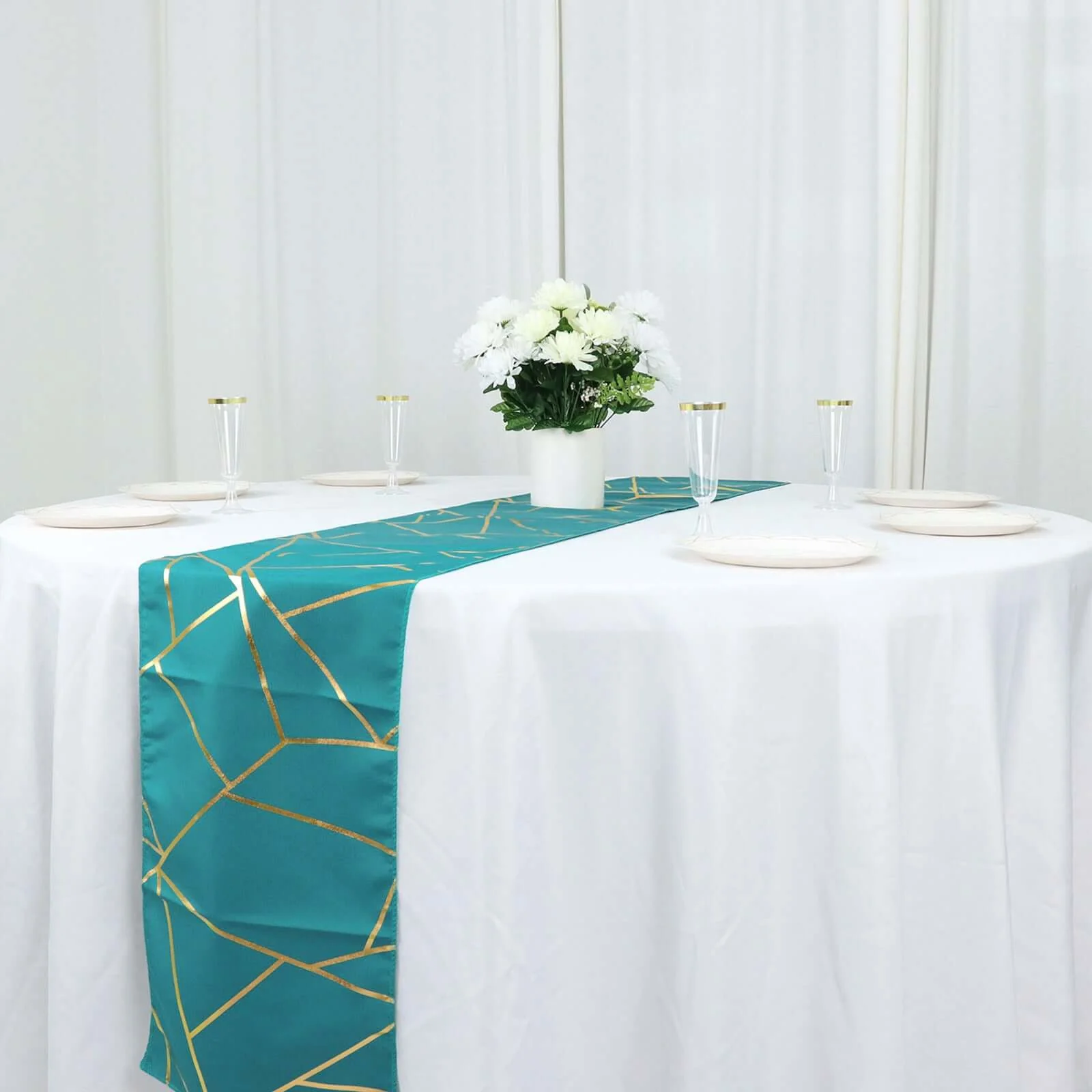 Polyester Table Runner 9ft Teal - Gold Foil Geometric Pattern - Image 10
