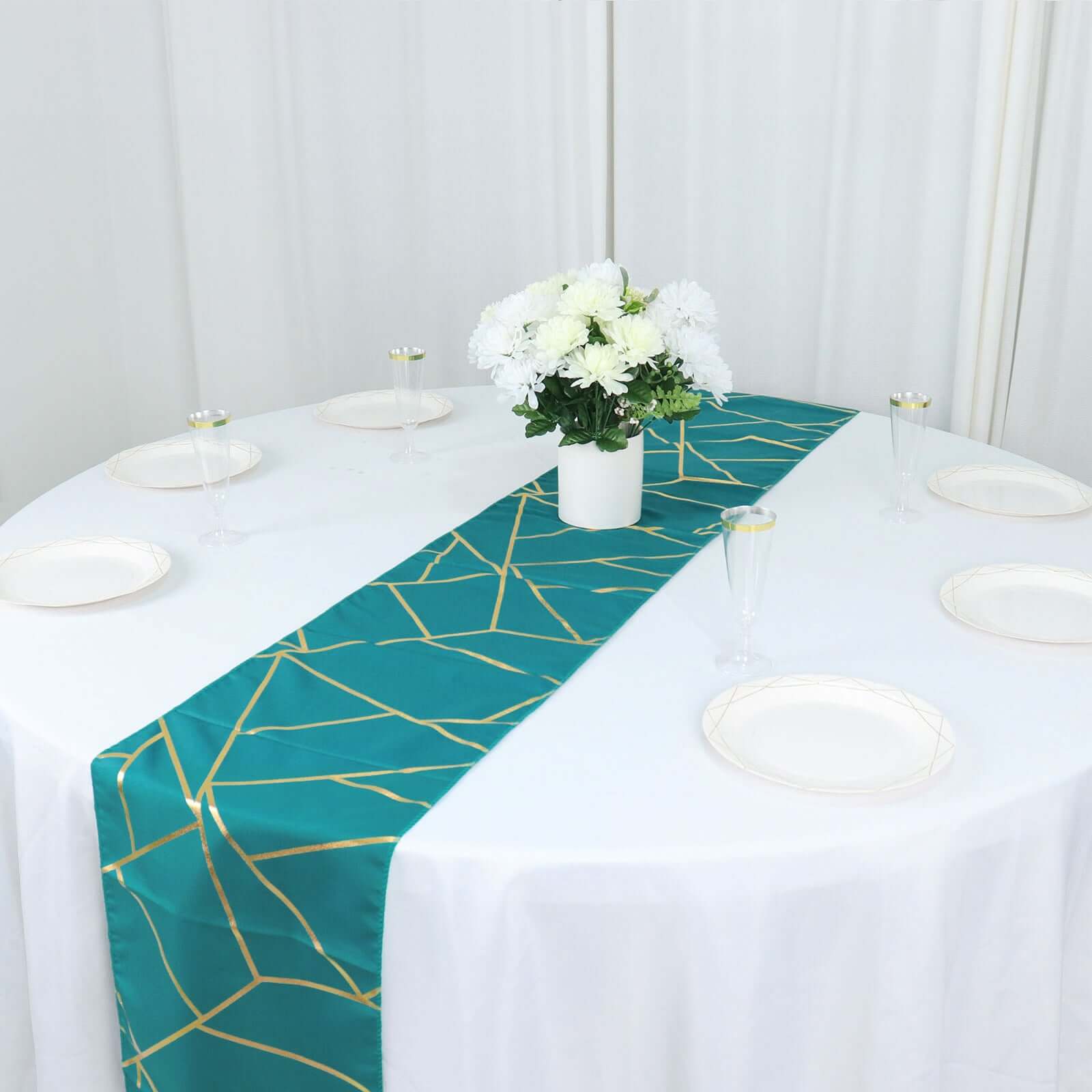 Polyester Table Runner 9ft Teal - Gold Foil Geometric Pattern - Image 11