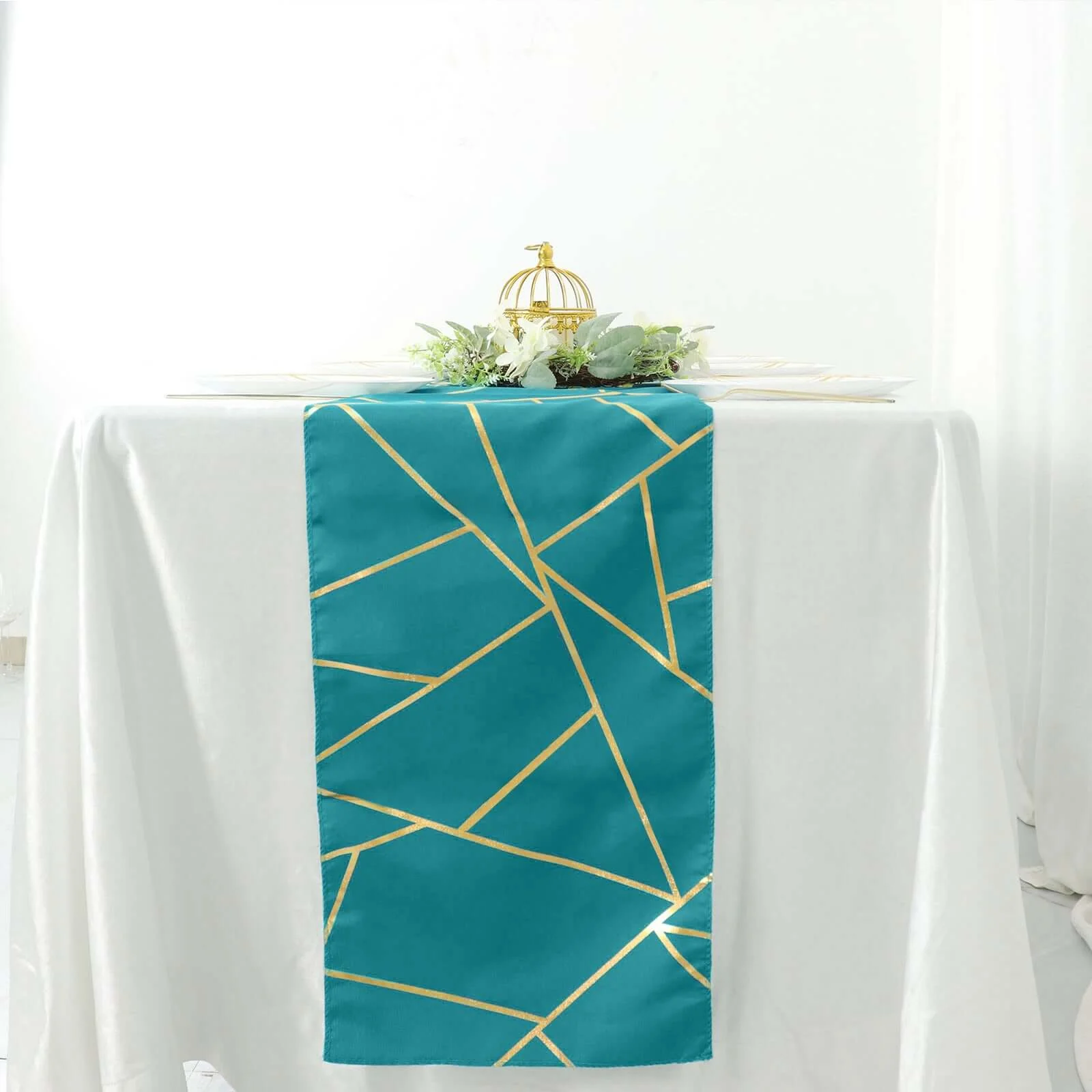 Polyester Table Runner 9ft Teal - Gold Foil Geometric Pattern - Image 2