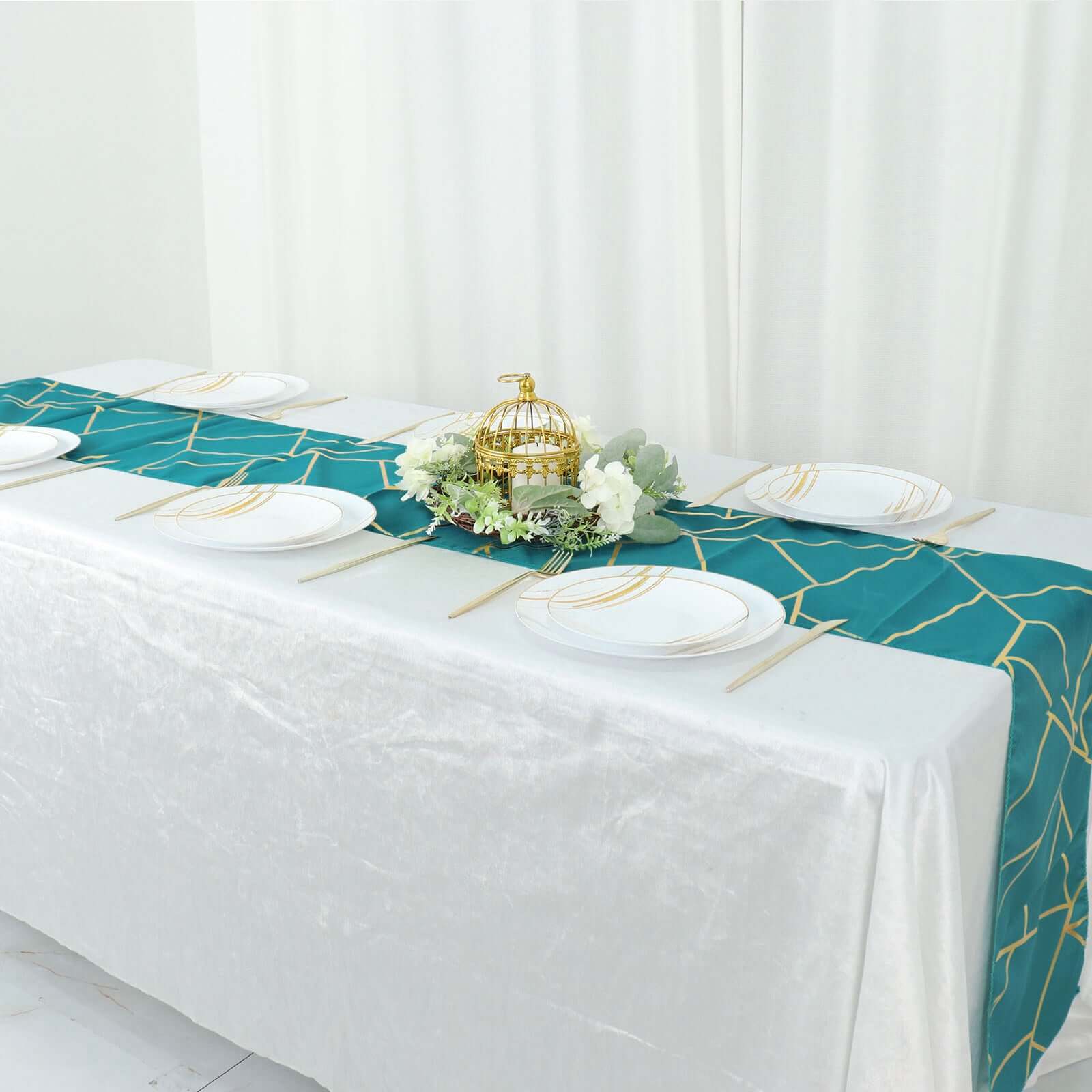 Polyester Table Runner 9ft Teal - Gold Foil Geometric Pattern - Image 6