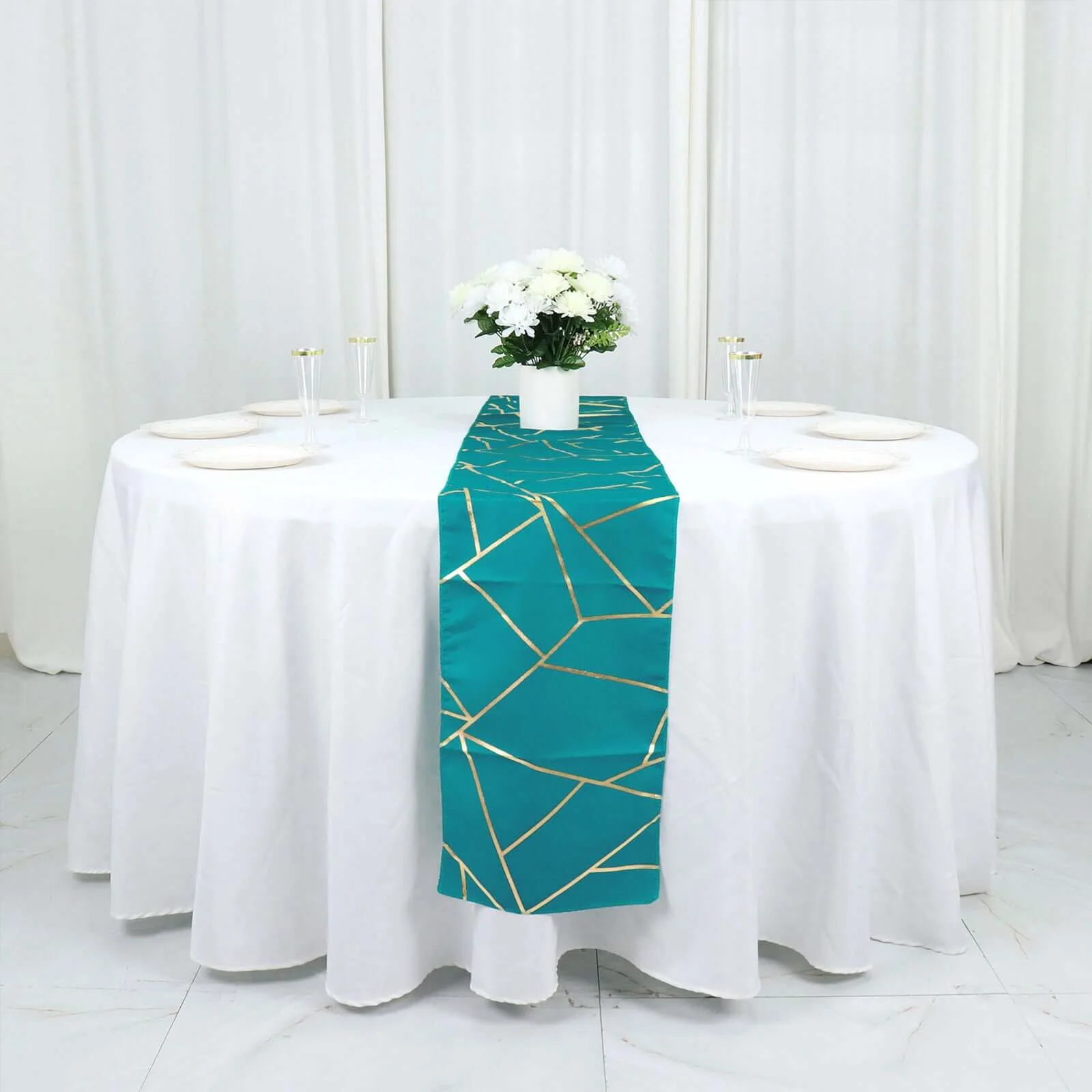 Polyester Table Runner 9ft Teal - Gold Foil Geometric Pattern - Image 7