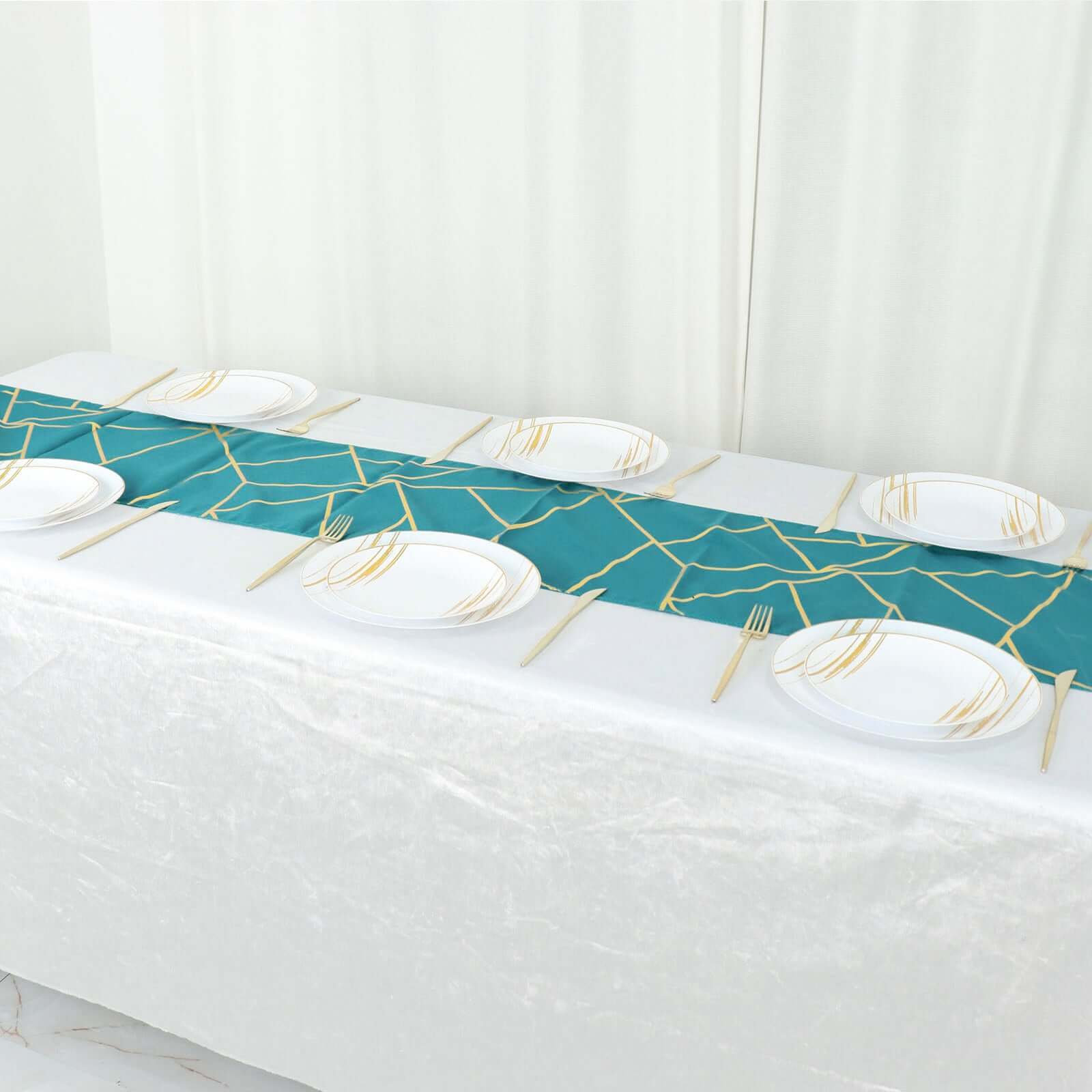 Polyester Table Runner 9ft Teal - Gold Foil Geometric Pattern - Image 8